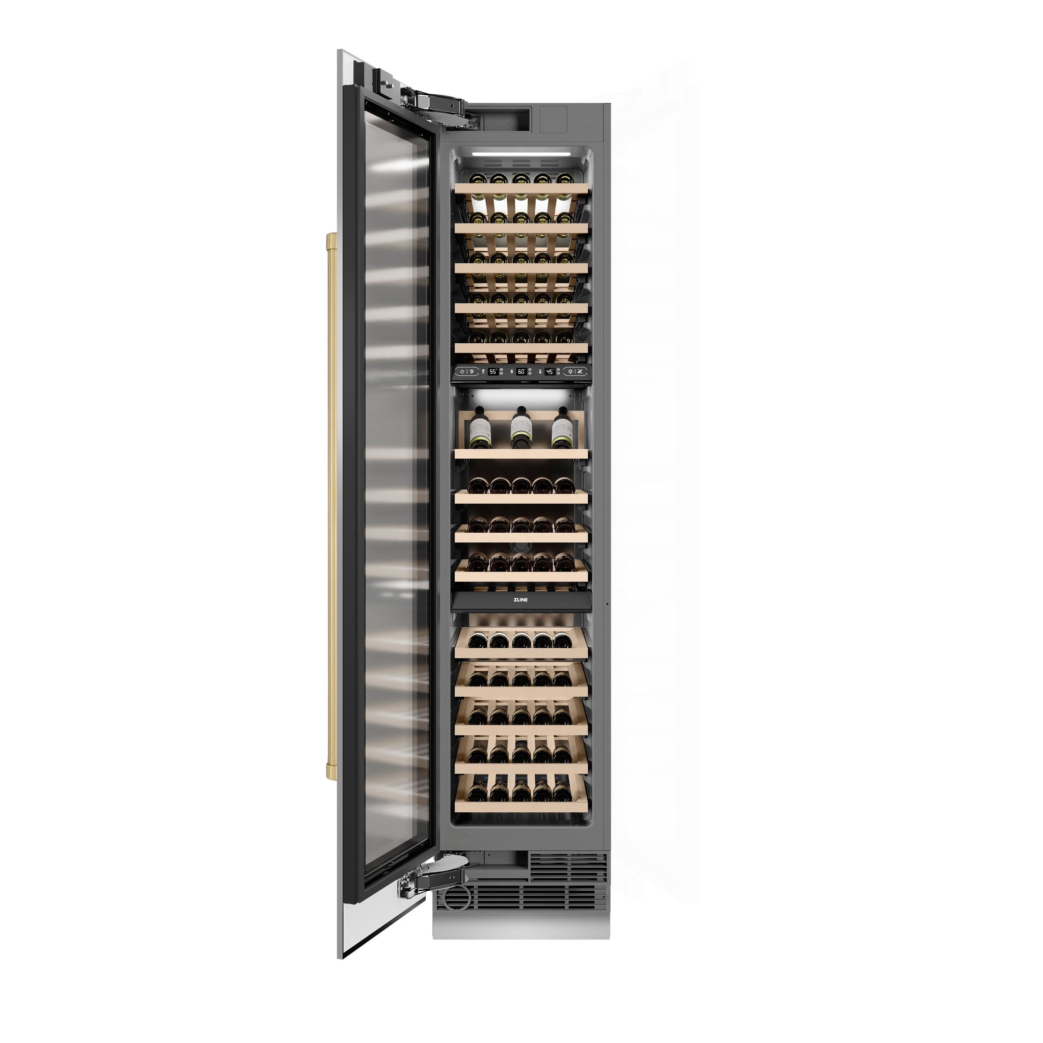 ZLINE Autograph Edition 18 in. 9.0 cu. ft. Triple Zone 68 Bottle Left Hinge Column Wine Cooler in Stainless Steel with Champagne Bronze Accents (RCWVLZ-30418-CB)