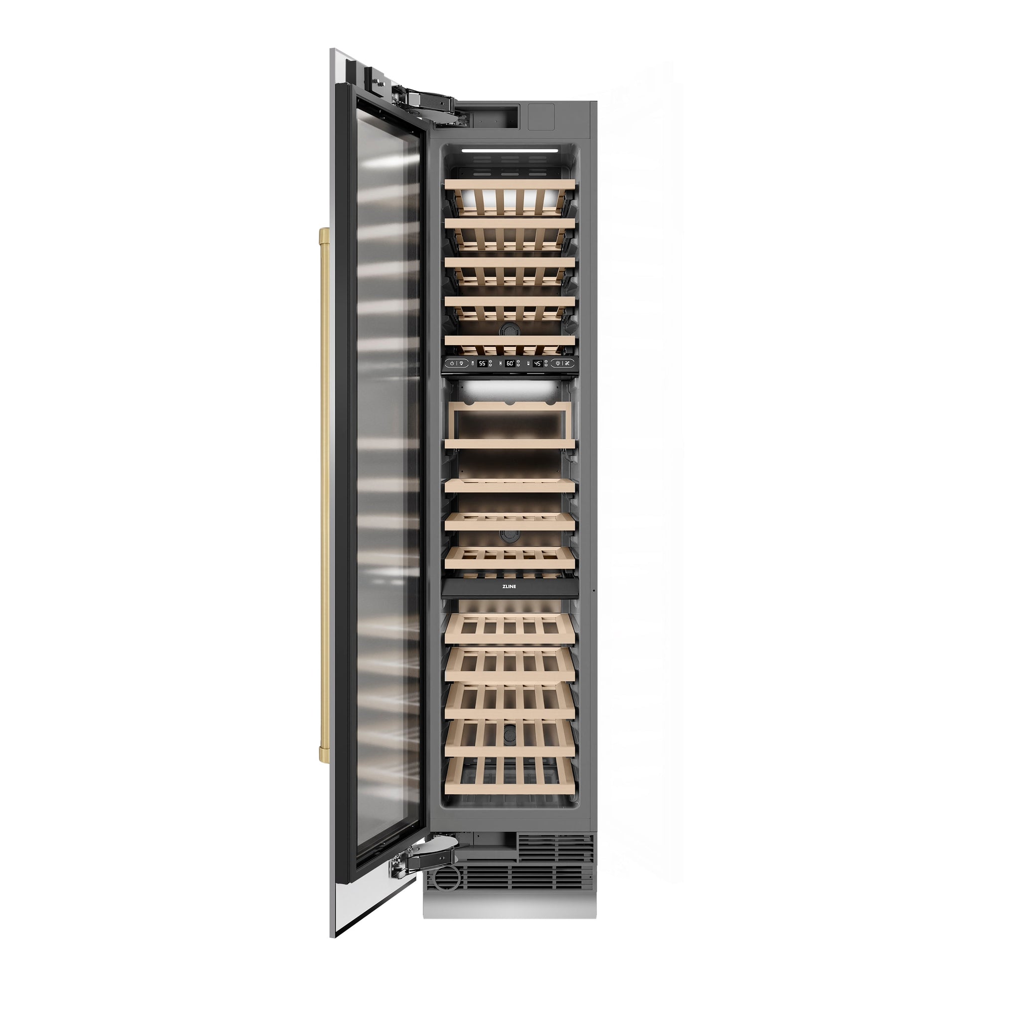 ZLINE Autograph Edition 18 in. 9.0 cu. ft. Triple Zone 68 Bottle Left Hinge Column Wine Cooler in Stainless Steel with Champagne Bronze Accents (RCWVLZ-30418-CB)