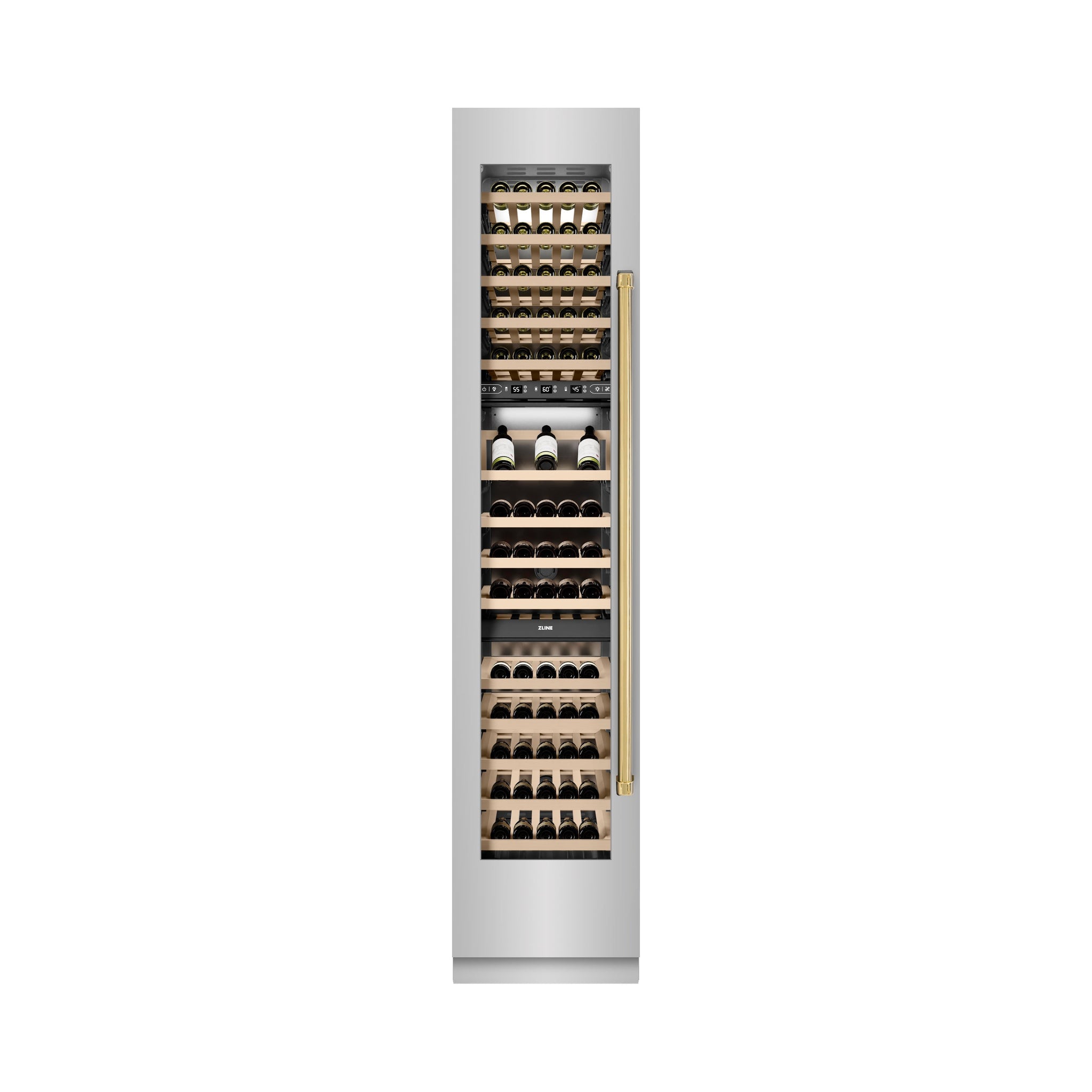 ZLINE Autograph Edition 18 in. 9.0 cu. ft. Triple Zone 68 Bottle Left Hinge Column Wine Cooler in Stainless Steel with Polished Gold Accents (RCWVLZ-30418-G)