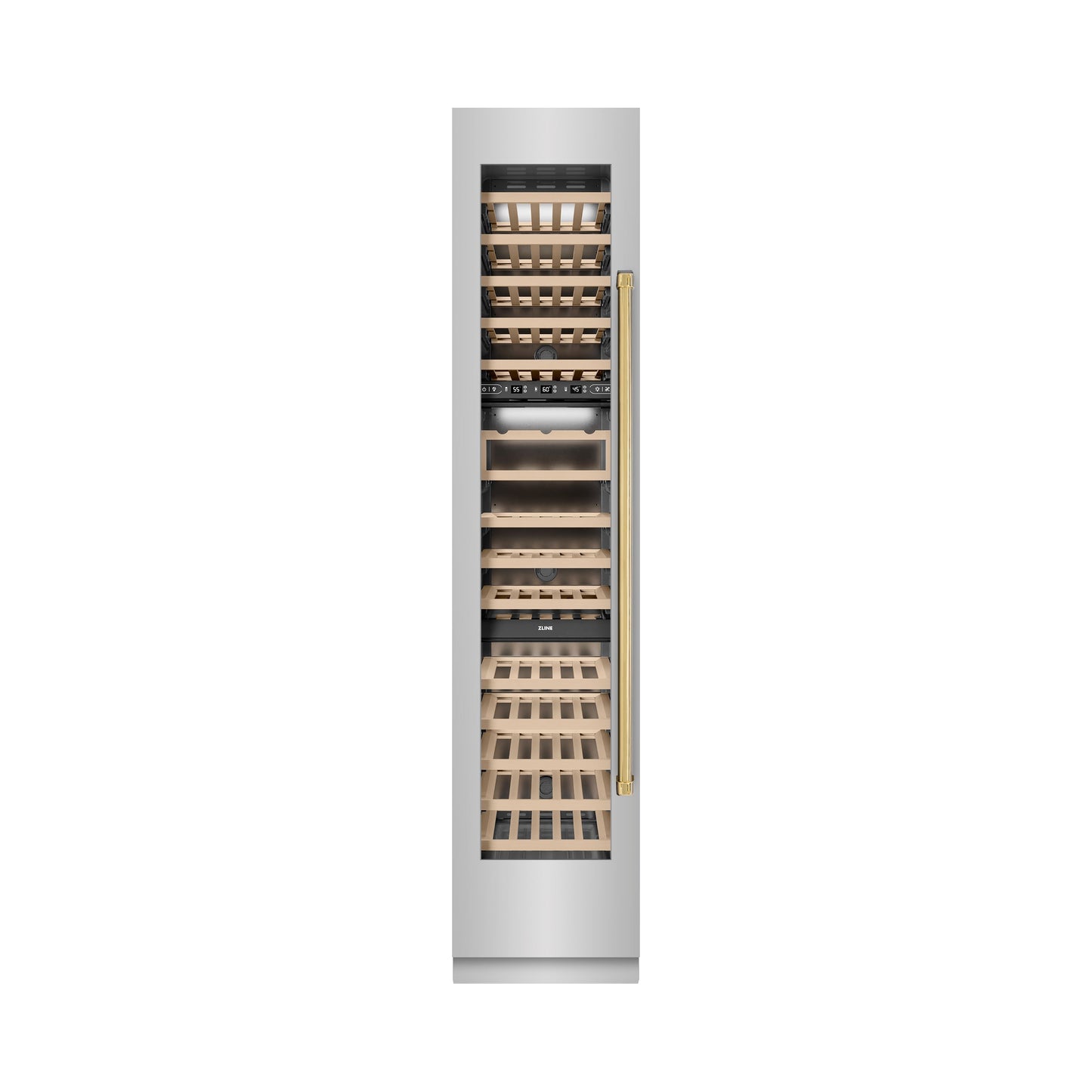 ZLINE Autograph Edition 18 in. 9.0 cu. ft. Triple Zone 68 Bottle Left Hinge Column Wine Cooler in Stainless Steel with Polished Gold Accents (RCWVLZ-30418-G)