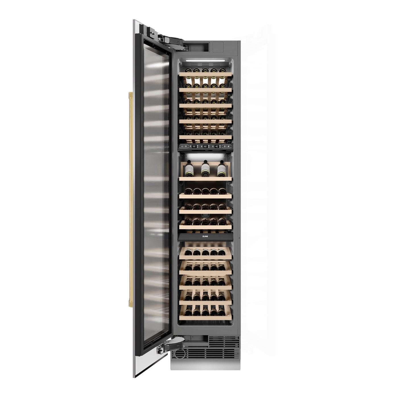 ZLINE Autograph Edition 18 in. 9.0 cu. ft. Triple Zone 68 Bottle Left Hinge Column Wine Cooler in Stainless Steel with Polished Gold Accents (RCWVLZ-30418-G)