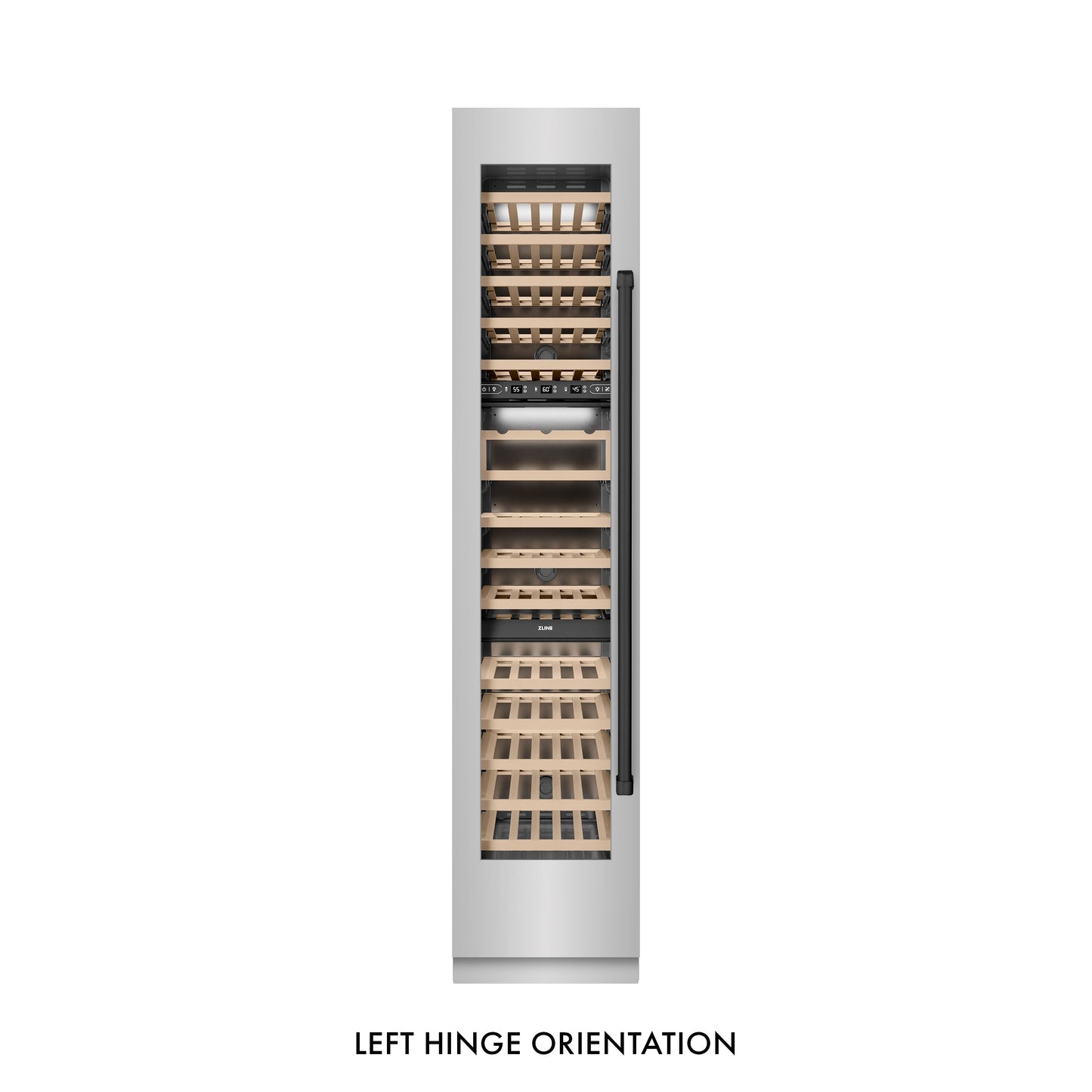 ZLINE Autograph Edition 18 in. 9.0 cu. ft. Triple Zone 68 Bottle Left Hinge Column Wine Cooler in Stainless Steel with Matte Black Accents (RCWVLZ-30418-MB)