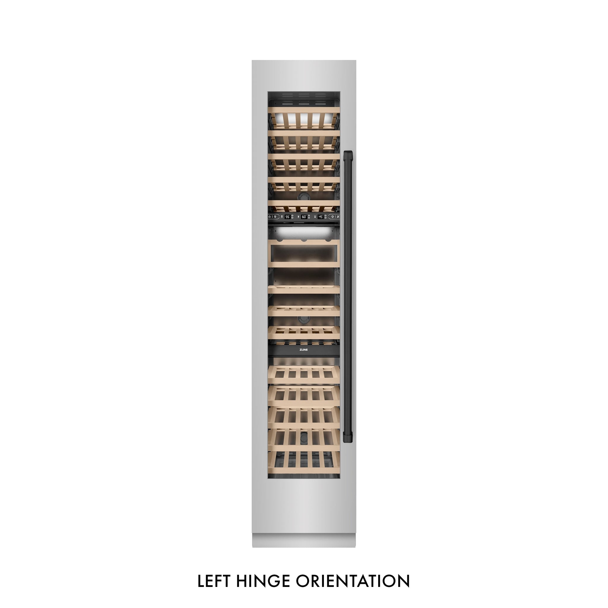 ZLINE Autograph Edition 18 in. 9.0 cu. ft. Triple Zone 68 Bottle Left Hinge Column Wine Cooler in Stainless Steel with Matte Black Accents (RCWVLZ-30418-MB)