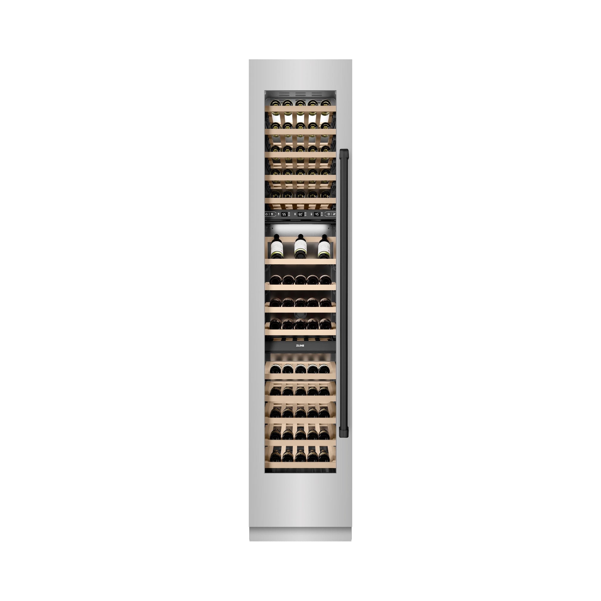 ZLINE Autograph Edition 18 in. 9.0 cu. ft. Triple Zone 68 Bottle Left Hinge Column Wine Cooler in Stainless Steel with Matte Black Accents (RCWVLZ-30418-MB)