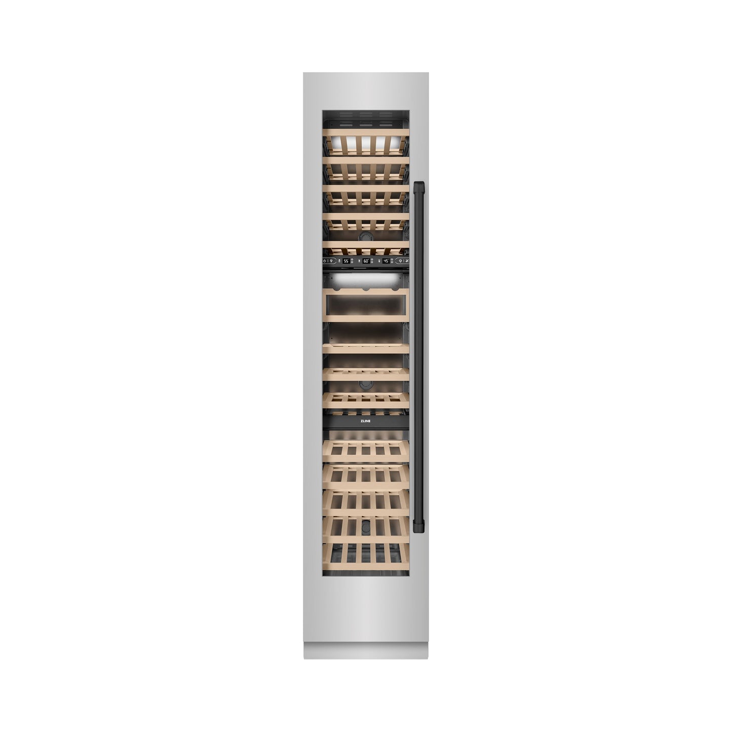 ZLINE Autograph Edition 18 in. 9.0 cu. ft. Triple Zone 68 Bottle Left Hinge Column Wine Cooler in Stainless Steel with Matte Black Accents (RCWVLZ-30418-MB)