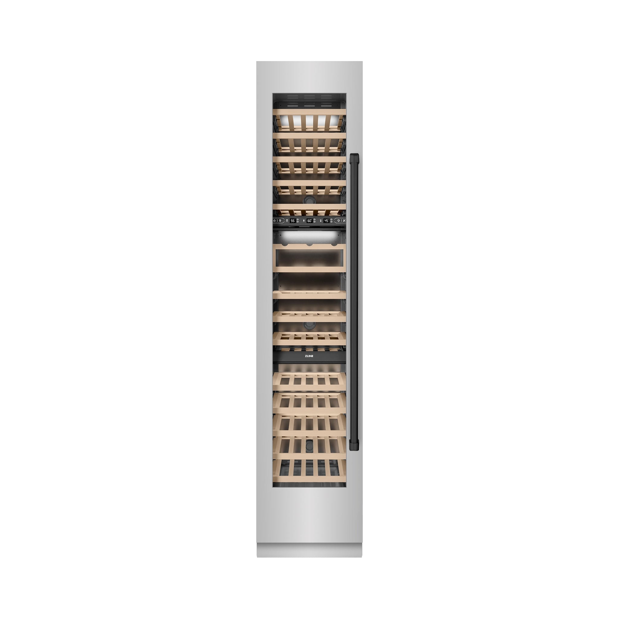 ZLINE Autograph Edition 18 in. 9.0 cu. ft. Triple Zone 68 Bottle Left Hinge Column Wine Cooler in Stainless Steel with Matte Black Accents (RCWVLZ-30418-MB)