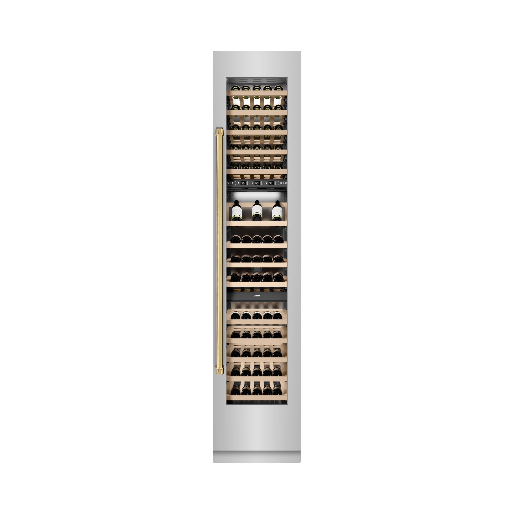 ZLINE Autograph Edition 18 in. 9.0 cu. ft. Triple Zone 68 Bottle Right Hinge Column Wine Cooler in Stainless Steel with Polished Gold Accents (RCWVRZ-30418-G)