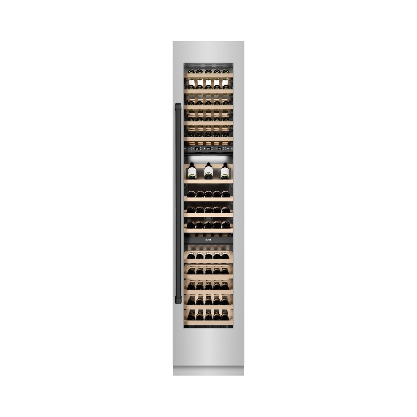 ZLINE Autograph Edition 18 in. 9.0 cu. ft. Triple Zone 68 Bottle Right Hinge Column Wine Cooler in Stainless Steel with Matte Black Accents (RCWVRZ-30418-MB)