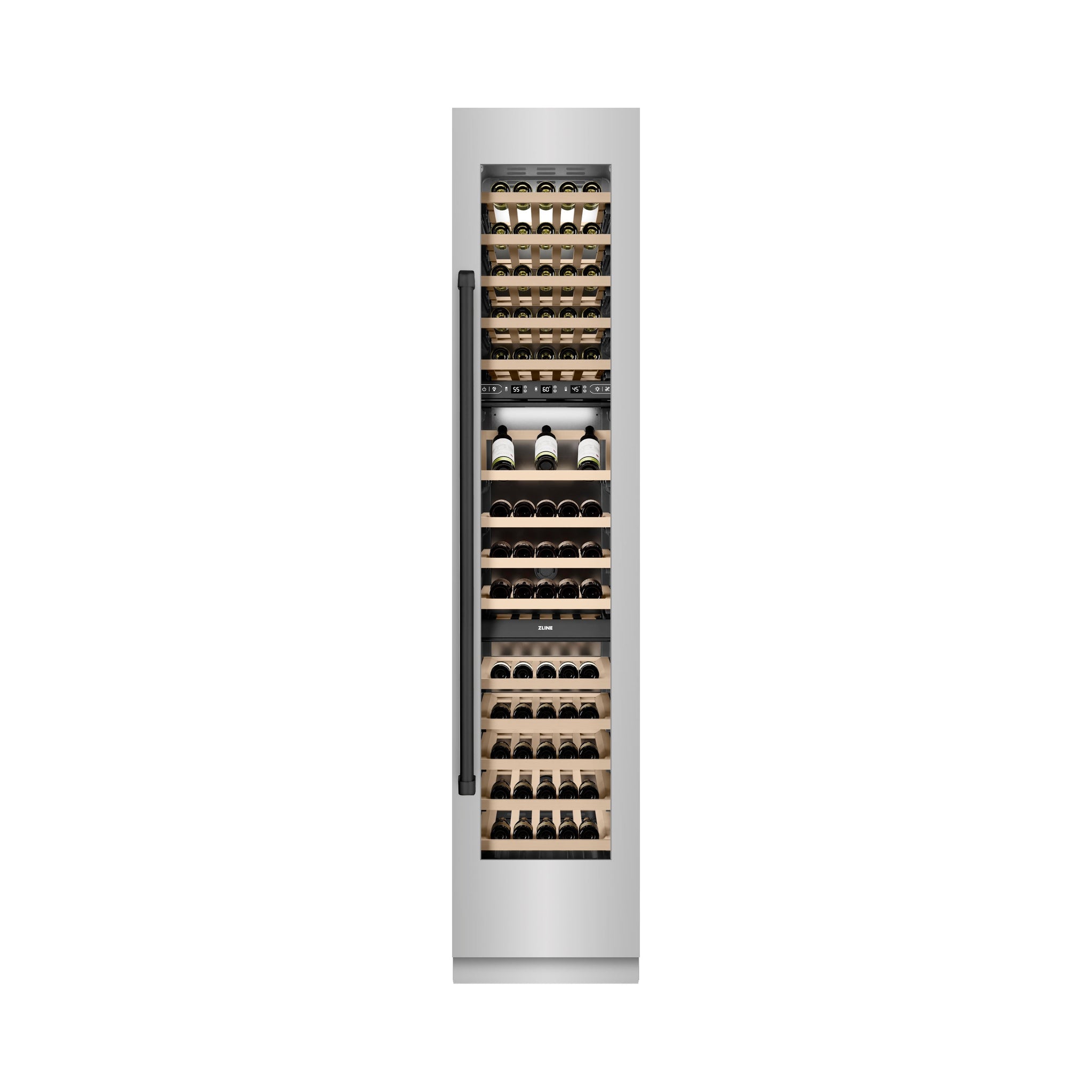ZLINE Autograph Edition 18 in. 9.0 cu. ft. Triple Zone 68 Bottle Right Hinge Column Wine Cooler in Stainless Steel with Matte Black Accents (RCWVRZ-30418-MB)