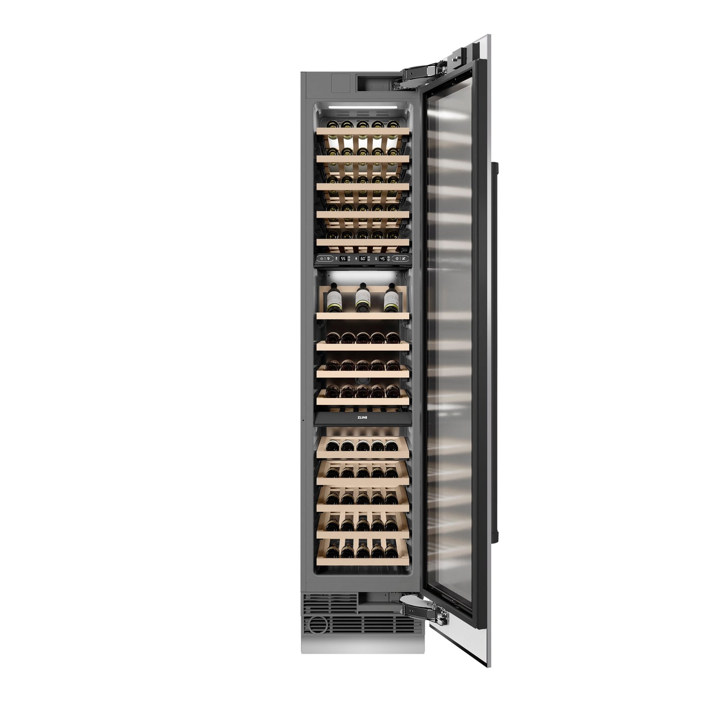 ZLINE Autograph Edition 18 in. 9.0 cu. ft. Triple Zone 68 Bottle Right Hinge Column Wine Cooler in Stainless Steel with Matte Black Accents (RCWVRZ-30418-MB)