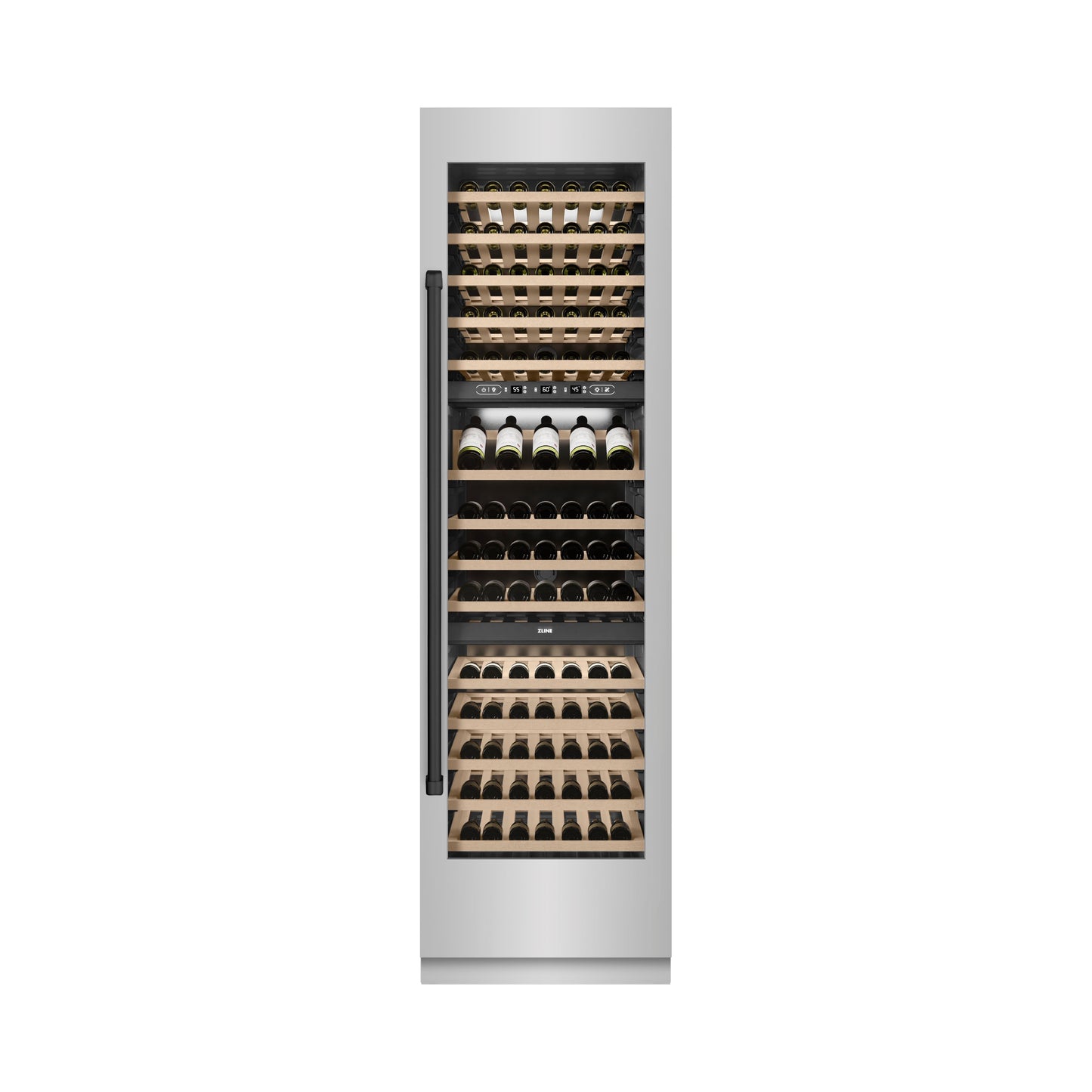 ZLINE Autograph Edition 24 in. 12.4 cu. ft. Triple Zone 100 Bottle Column Wine Cooler in Stainless Steel and Matte Black Accents (RCWVZ-304-24-MB)