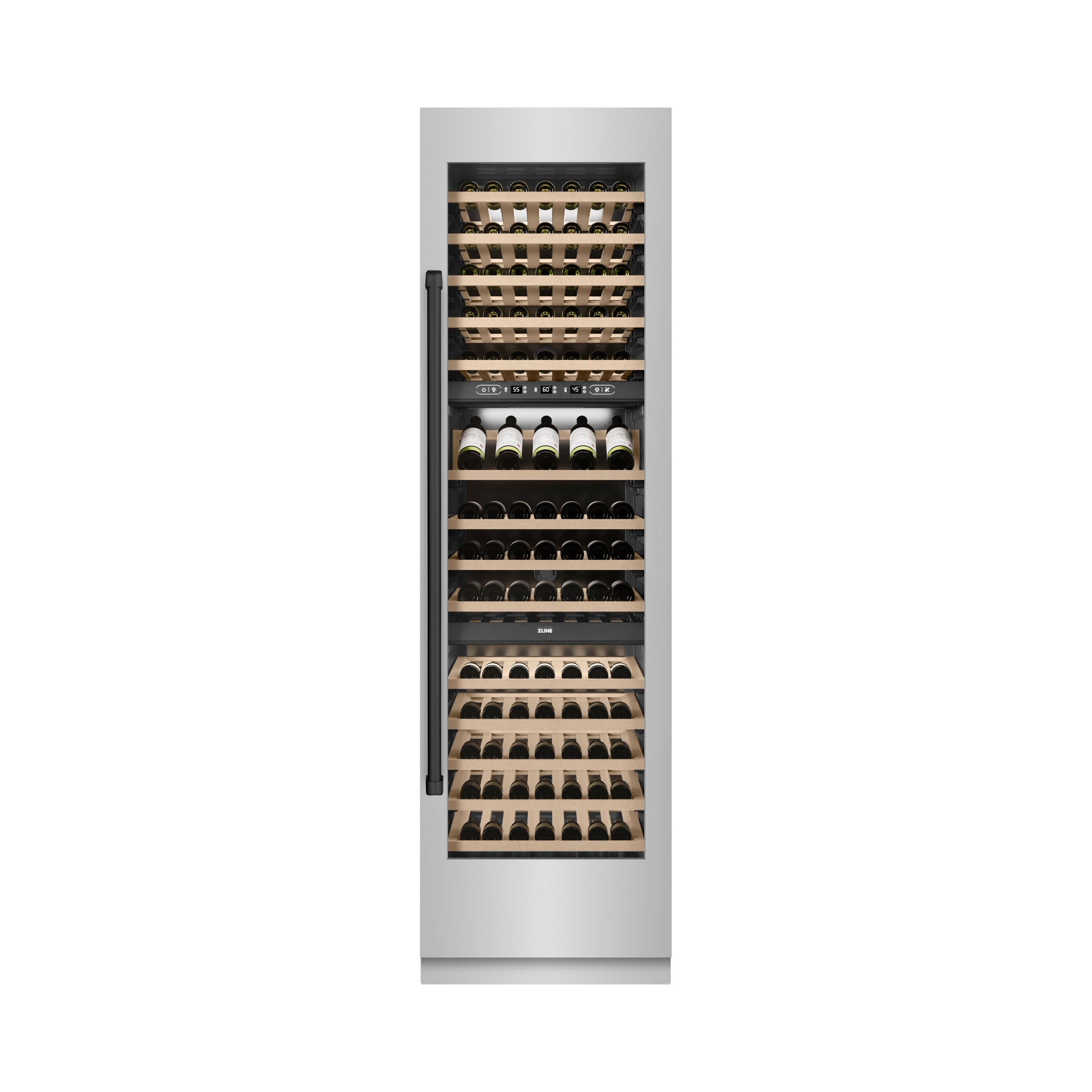 ZLINE Autograph Edition 24 in. 12.4 cu. ft. Triple Zone 100 Bottle Column Wine Cooler in Stainless Steel and Matte Black Accents (RCWVZ-304-24-MB)