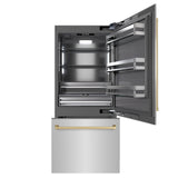ZLINE Autograph Edition 36 in. 19.8 cu. ft. Built-In Bottom Freezer Refrigerator with Water Dispenser and Ice Maker in Stainless Steel with Graphite Gray Interior and Champagne Bronze Accents (GRBITZ-304-36CB)