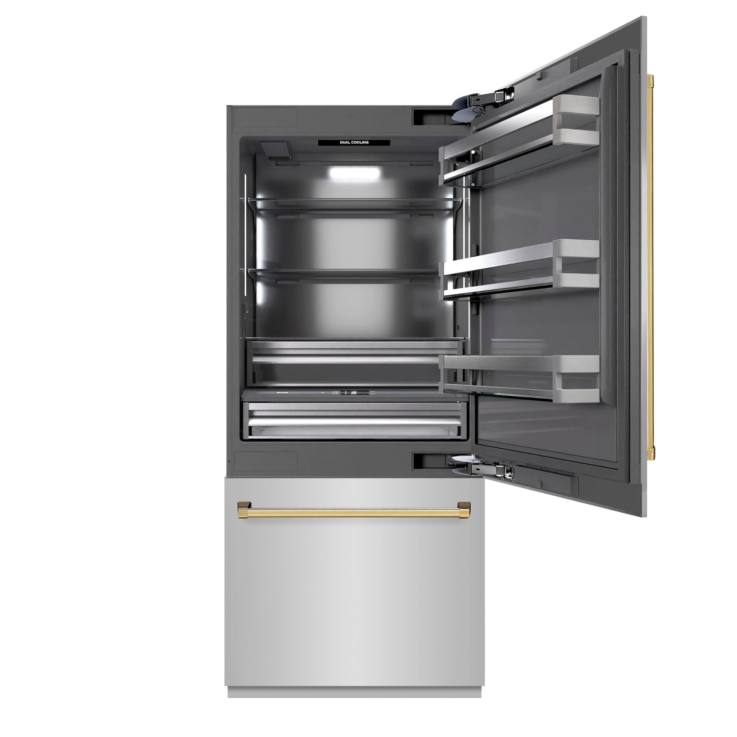 ZLINE Autograph Edition 36 in. 19.8 cu. ft. Built-In Bottom Freezer Refrigerator with Water Dispenser and Ice Maker in Stainless Steel with Graphite Gray Interior and Polished Gold Accents (GRBITZ-304-36G)