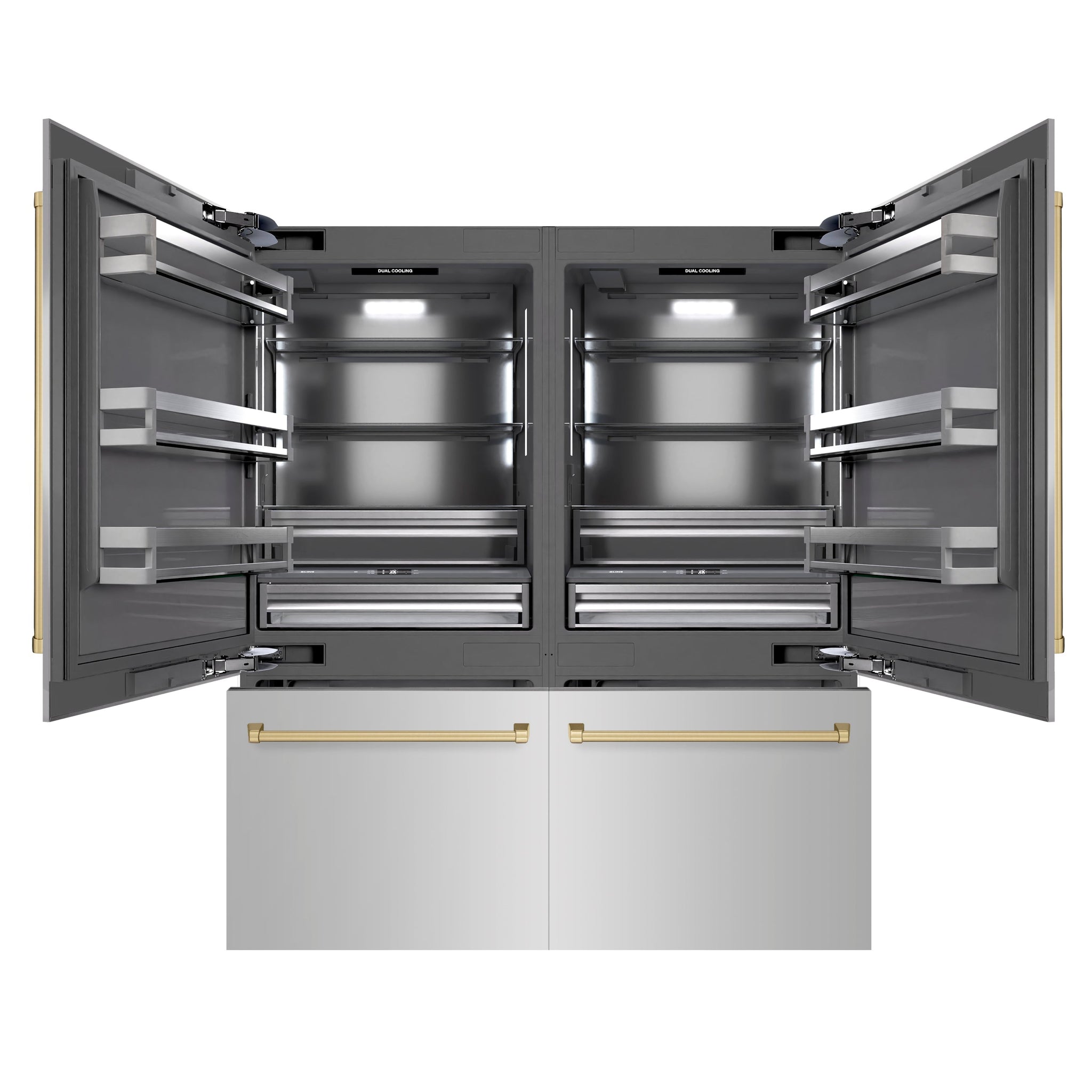ZLINE Autograph Edition 72 in. 39.6 cu. ft. French Door Built-In Bottom Freezer Refrigerator with Water Dispensers and Ice Makers in Stainless Steel with Graphite Gray Interior and Champagne Bronze Accents (GRBITZ-304-72CB)