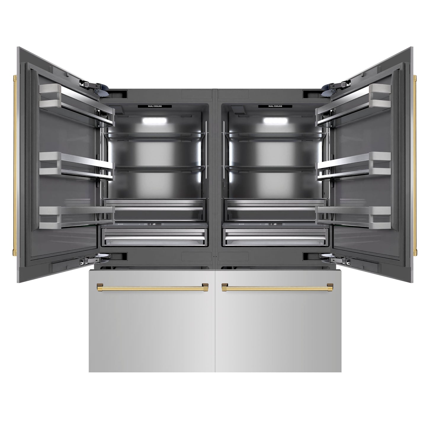 ZLINE Autograph Edition 72 in. 39.6 cu. ft. French Door Built-In Bottom Freezer Refrigerator with Water Dispensers and Ice Makers in Stainless Steel with Graphite Gray Interior and Polished Gold Accents (GRBITZ-304-72G)