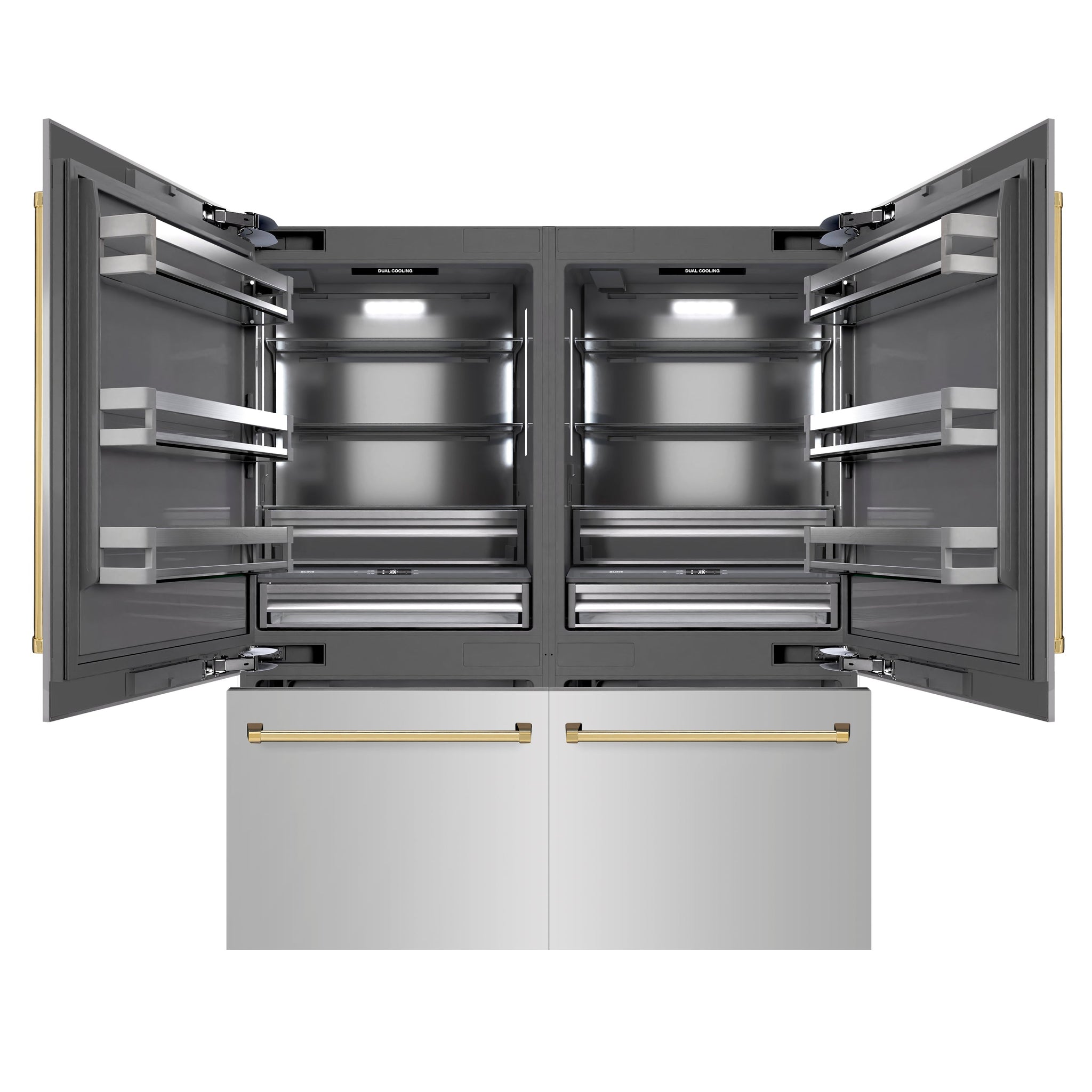 ZLINE Autograph Edition 72 in. 39.6 cu. ft. French Door Built-In Bottom Freezer Refrigerator with Water Dispensers and Ice Makers in Stainless Steel with Graphite Gray Interior and Polished Gold Accents (GRBITZ-304-72G)