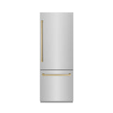 ZLINE Autograph Edition 30 in. 16.1 cu. ft. Built-In Bottom Freezer Refrigerator with Water Dispenser and Ice Maker in Stainless Steel with Graphite Gray Interior and Champagne Bronze Accents (GRBIVZ-304-30CB)