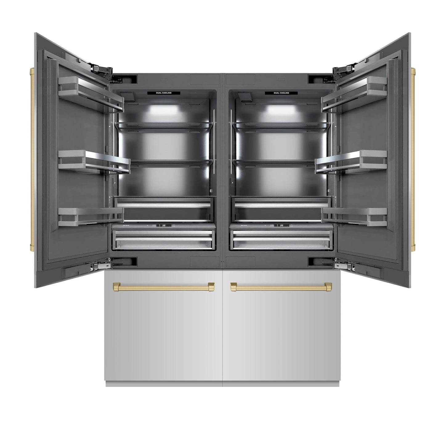 ZLINE Autograph Edition 60 in. 32.2 cu. ft. French Door Built-In Bottom Freezer Refrigerator with Water Dispenser and Ice Maker in Stainless Steel with Graphite Gray Interior and Champagne Bronze Accents (GRBIVZ-304-60CB)