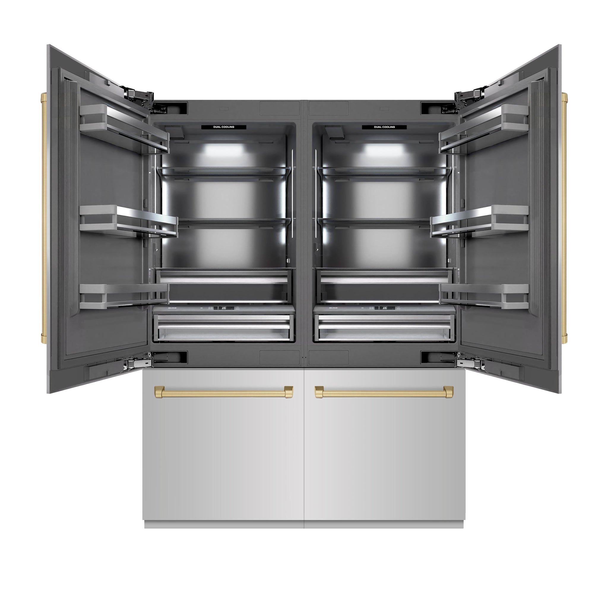 ZLINE Autograph Edition 60 in. 32.2 cu. ft. French Door Built-In Bottom Freezer Refrigerator with Water Dispenser and Ice Maker in Stainless Steel with Graphite Gray Interior and Champagne Bronze Accents (GRBIVZ-304-60CB)