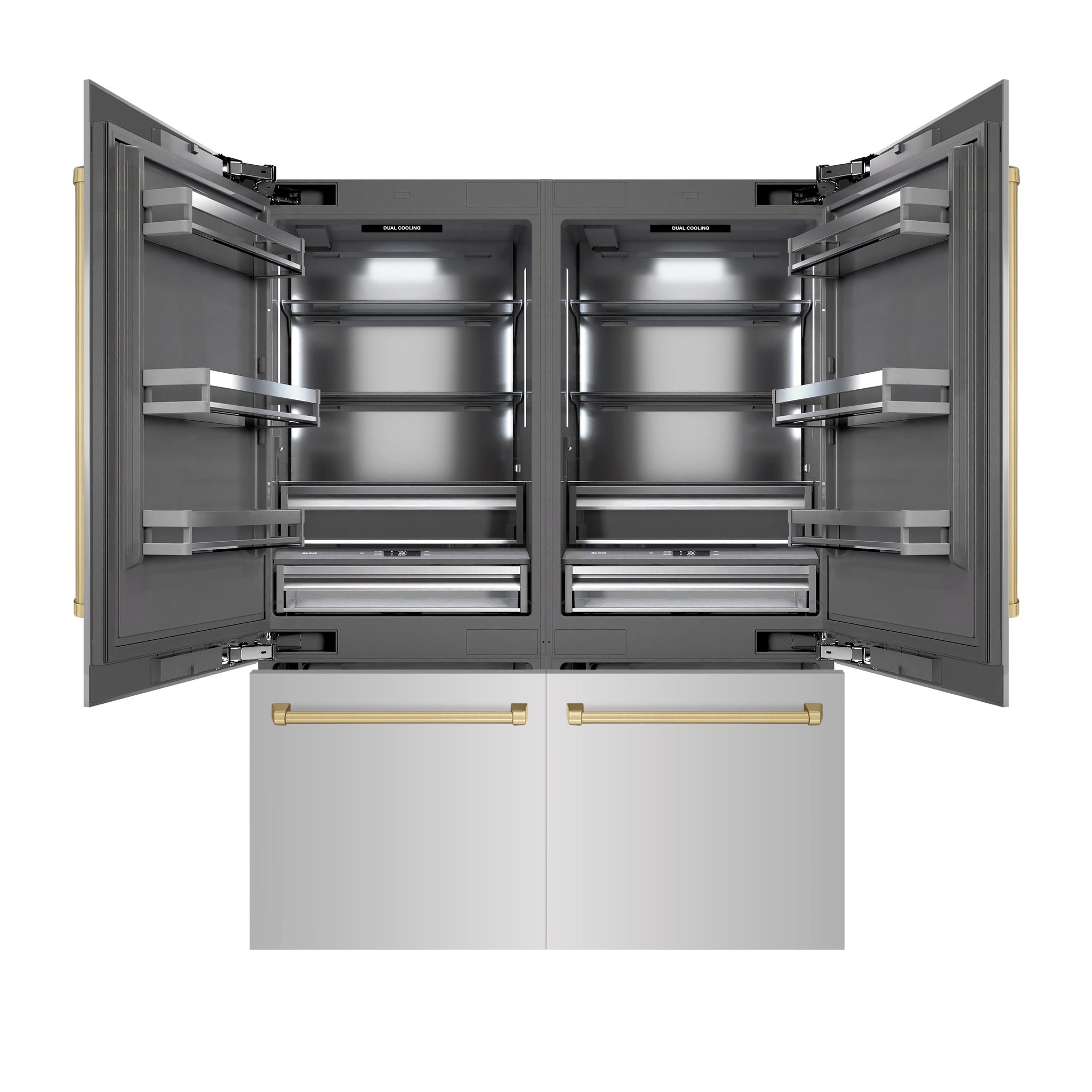 ZLINE Autograph Edition 60 in. 32.2 cu. ft. French Door Built-In Bottom Freezer Refrigerator with Water Dispenser and Ice Maker in Stainless Steel with Graphite Gray Interior and Champagne Bronze Accents (GRBIVZ-304-60CB)