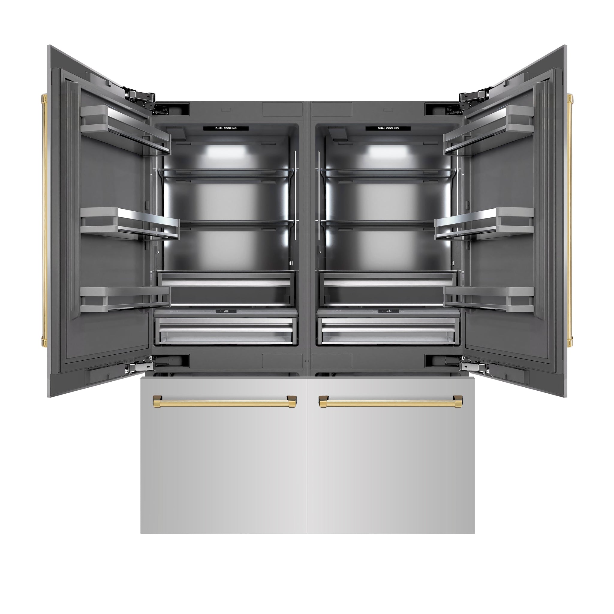 ZLINE Autograph Edition 60 in. 32.2 cu. ft. French Door Built-In Bottom Freezer Refrigerator with Water Dispenser and Ice Maker in Stainless Steel with Graphite Gray Interior and Polished Gold Accents (GRBIVZ-304-60G)