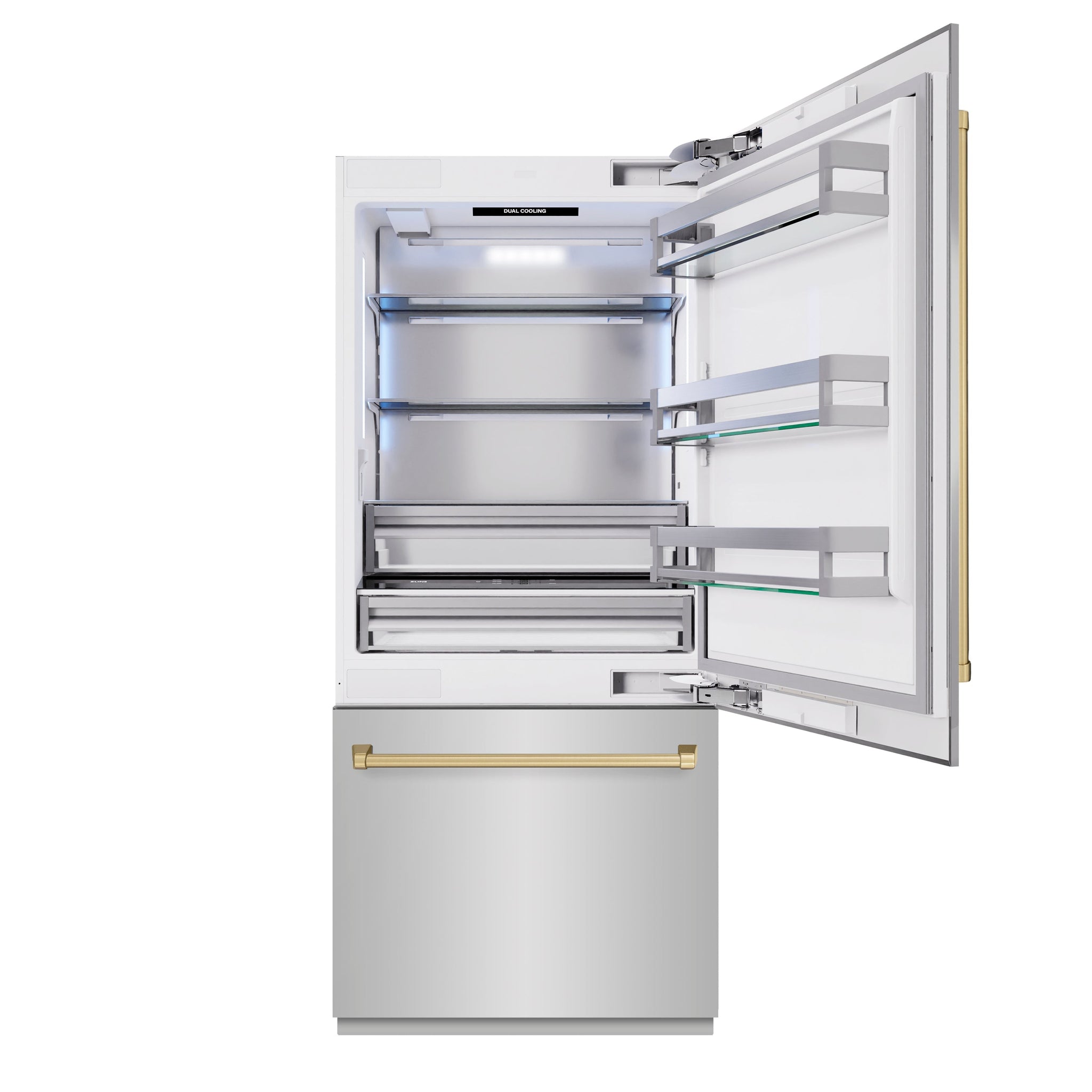 ZLINE Autograph Edition 36 in. 19.8 cu. ft. Built-In Bottom Freezer Refrigerator with Water Dispenser and Ice Maker in Stainless Steel with Champagne Bronze Accents (RBITZ-304-36CB)
