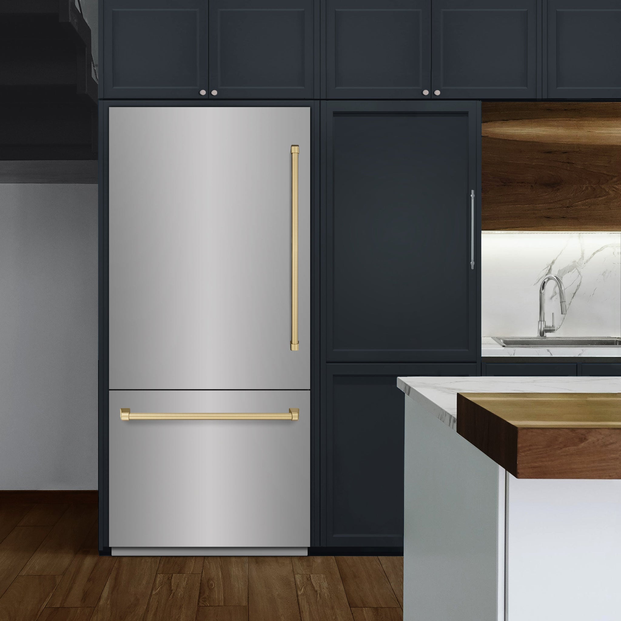 ZLINE Autograph Edition 36 in. 19.8 cu. ft. Built-In Bottom Freezer Refrigerator with Water Dispenser and Ice Maker in Stainless Steel with Champagne Bronze Accents (RBITZ-304-36CB)