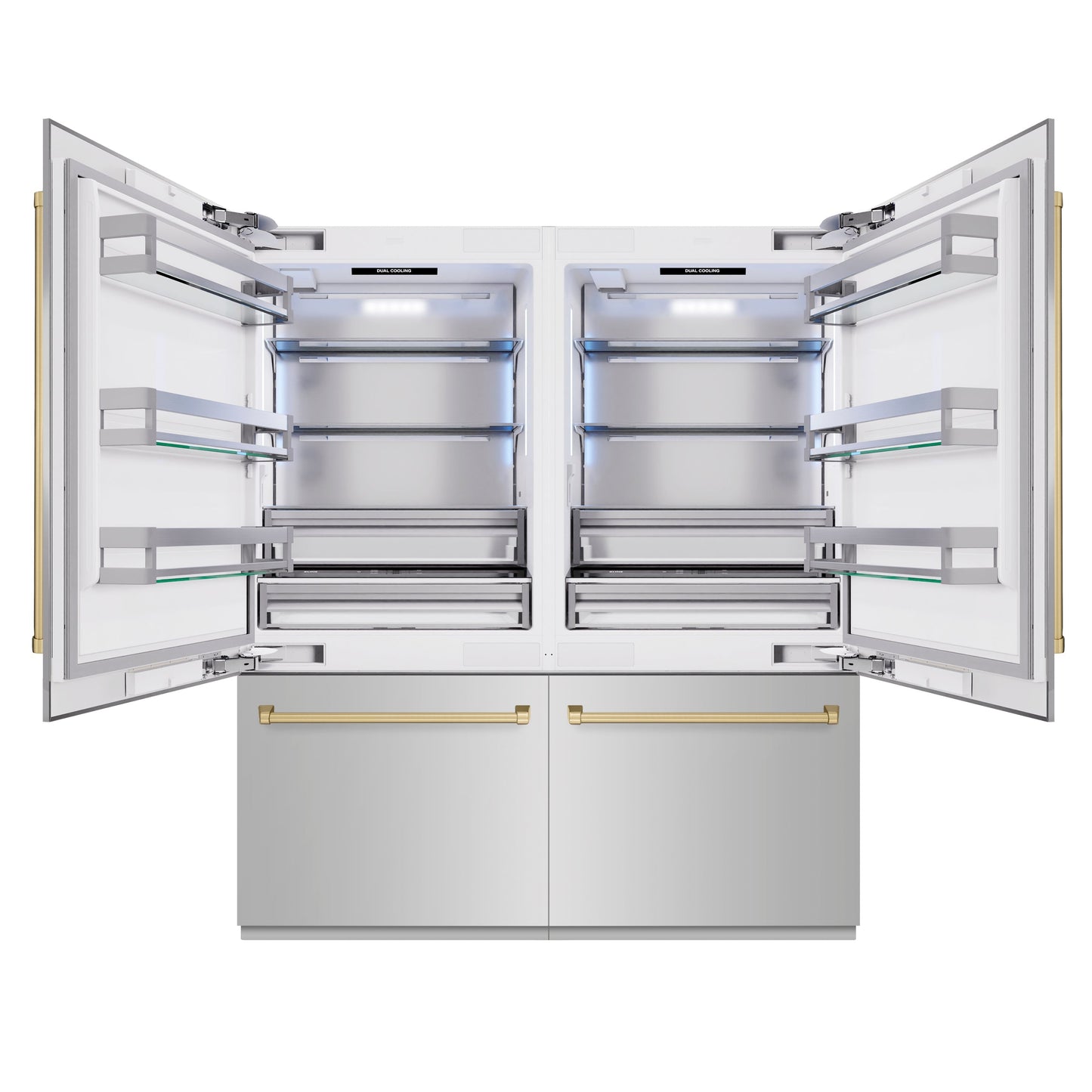 ZLINE Autograph Edition 72 in. 39.6 cu. ft. French Door Built-In Bottom Freezer Refrigerator with Water Dispensers and Ice Makers in Stainless Steel with Champagne Bronze Accents (RBITZ-304-72CB)