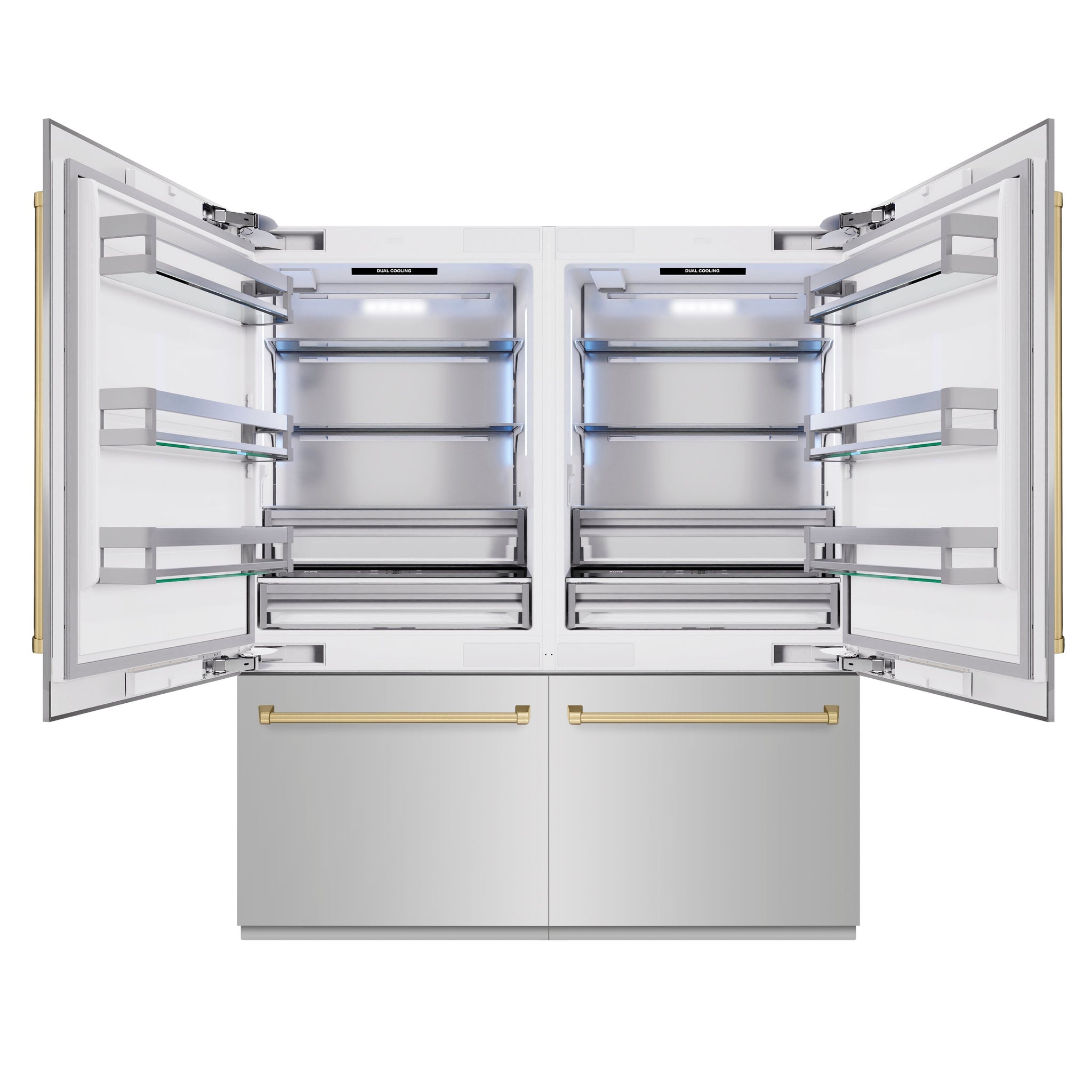 ZLINE Autograph Edition 72 in. 39.6 cu. ft. French Door Built-In Bottom Freezer Refrigerator with Water Dispensers and Ice Makers in Stainless Steel with Champagne Bronze Accents (RBITZ-304-72CB)