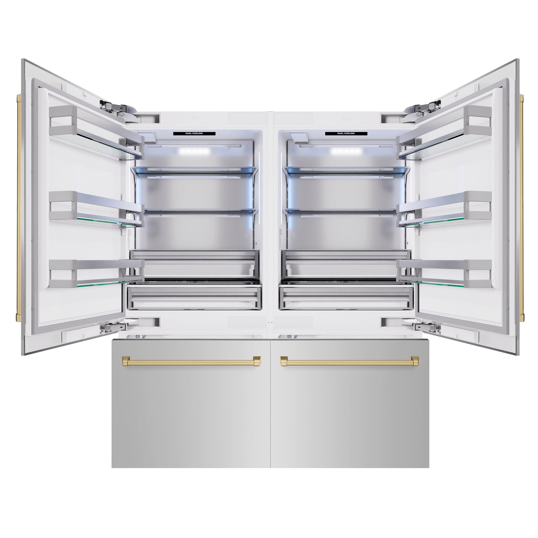 ZLINE Autograph Edition 72 in. 39.6 cu. ft. French Door Built-In Bottom Freezer Refrigerator with Water Dispensers and Ice Makers in Stainless Steel with Champagne Bronze Accents (RBITZ-304-72CB)