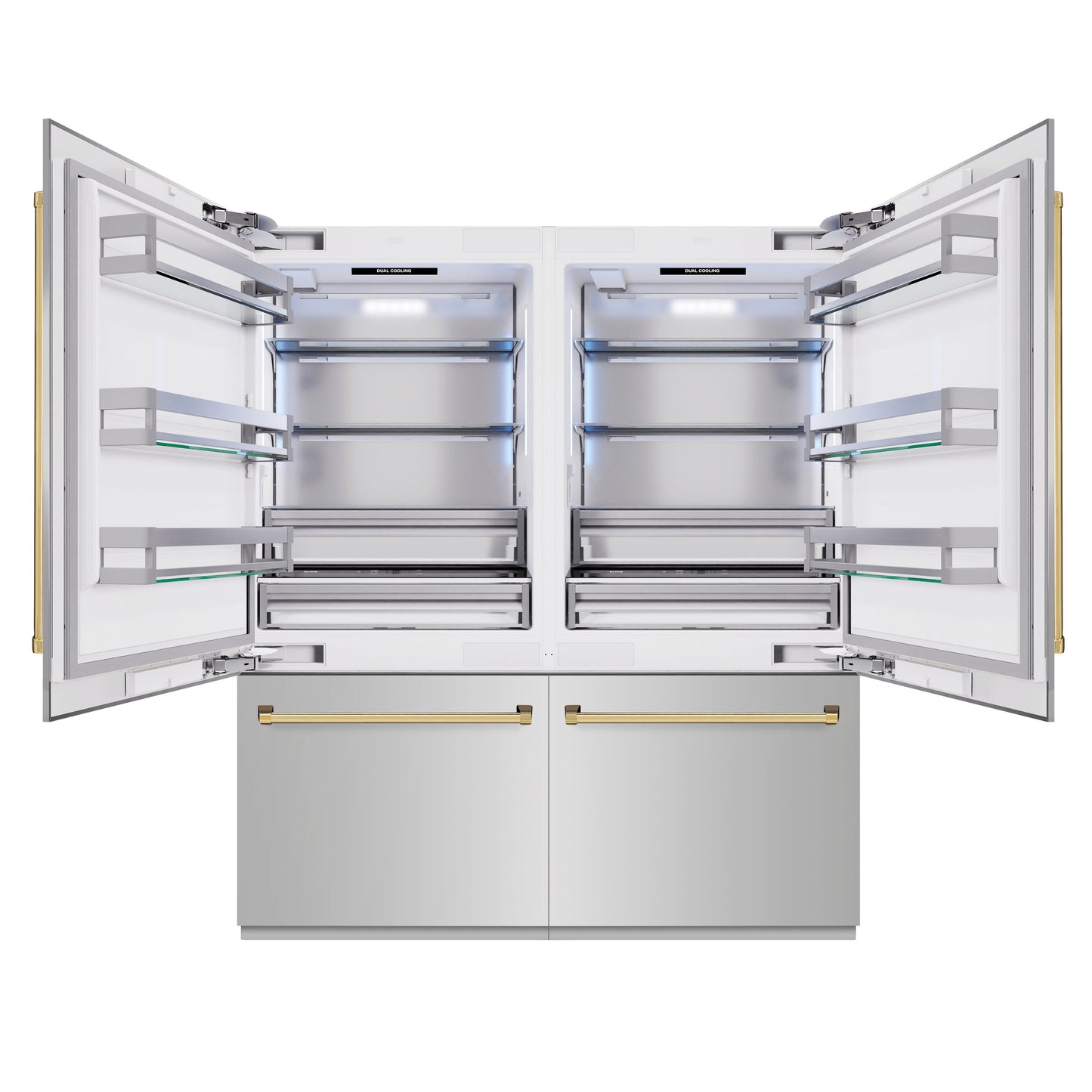 ZLINE Autograph Edition 72 in. 39.6 cu. ft. French Door Built-In Bottom Freezer Refrigerator with Water Dispensers and Ice Makers in Stainless Steel with Polished Gold Accents (RBITZ-304-72G)