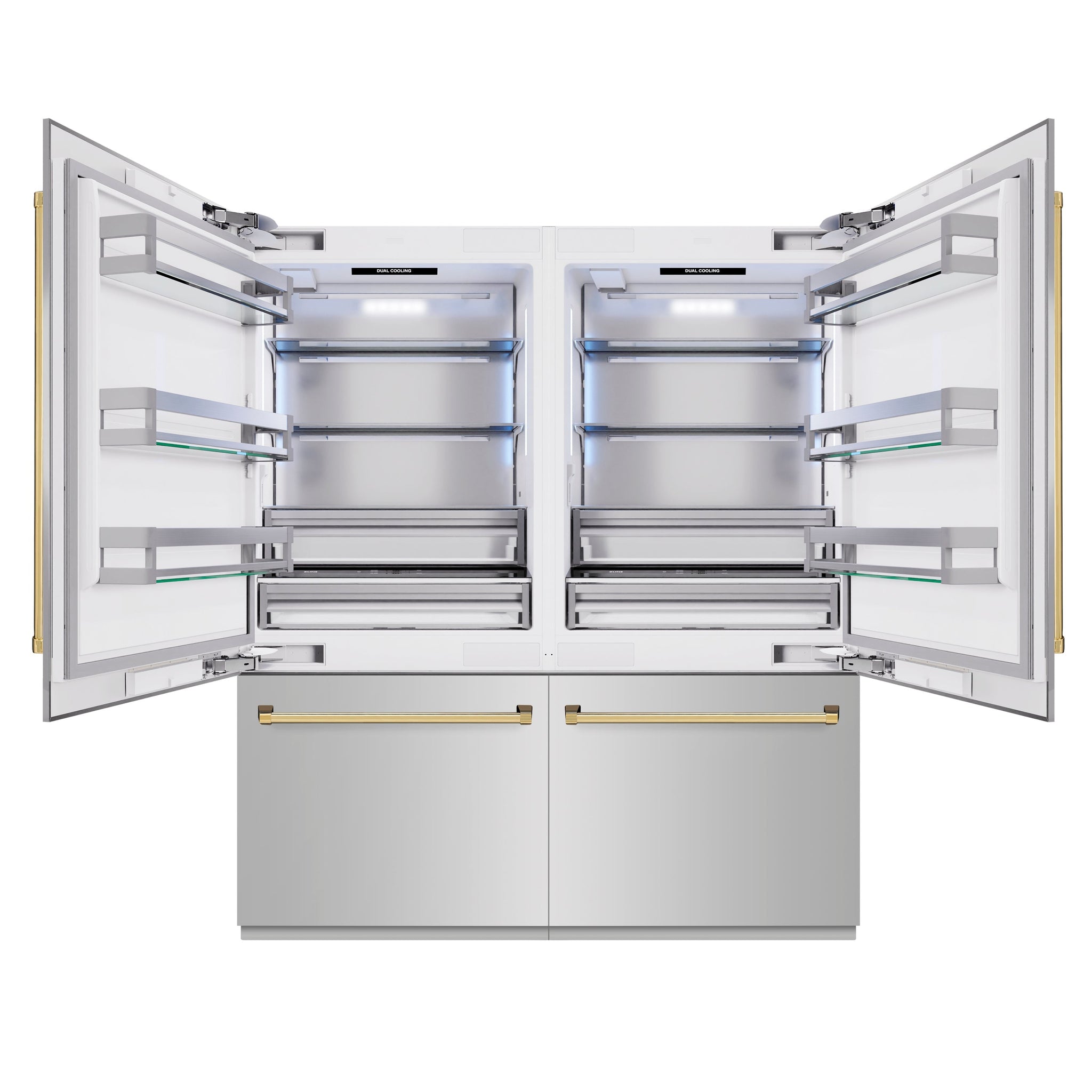 ZLINE Autograph Edition 72 in. 39.6 cu. ft. French Door Built-In Bottom Freezer Refrigerator with Water Dispensers and Ice Makers in Stainless Steel with Polished Gold Accents (RBITZ-304-72G)
