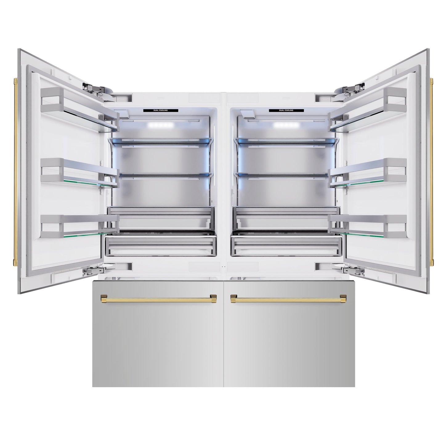 ZLINE Autograph Edition 72 in. 39.6 cu. ft. French Door Built-In Bottom Freezer Refrigerator with Water Dispensers and Ice Makers in Stainless Steel with Polished Gold Accents (RBITZ-304-72G)