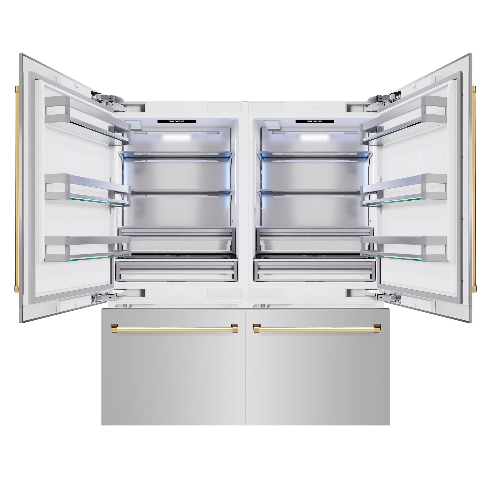 ZLINE Autograph Edition 72 in. 39.6 cu. ft. French Door Built-In Bottom Freezer Refrigerator with Water Dispensers and Ice Makers in Stainless Steel with Polished Gold Accents (RBITZ-304-72G)