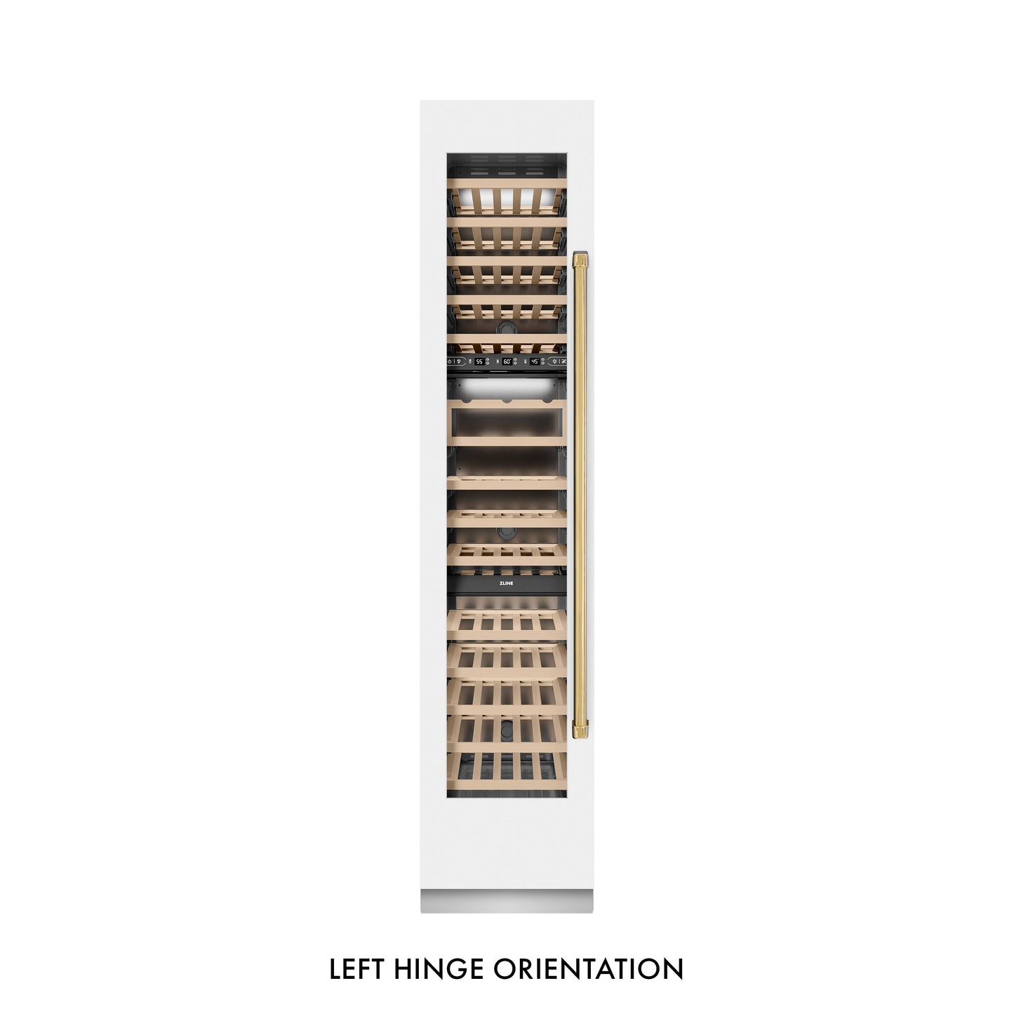 ZLINE Autograph Edition 18 in. 9.0 cu. ft. Triple Zone 68 Bottle Left Hinge Column Wine Cooler in White Matte with Polished Gold Accents (RCWVLZ-WM-18-G)