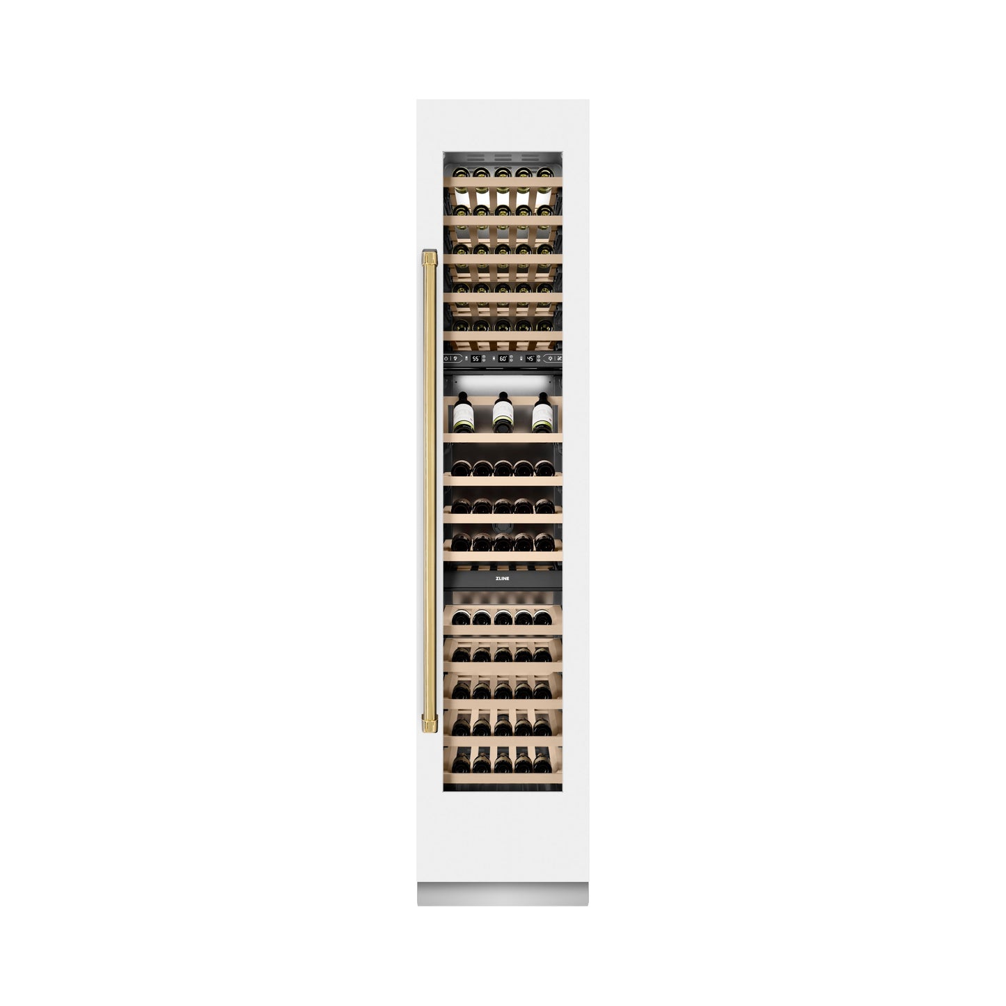 ZLINE Autograph Edition 18 in. 9.0 cu. ft. Triple Zone 68 Bottle Right Hinge Column Wine Cooler in White Matte with Polished Gold Accents (RCWVRZ-WM-18-G)