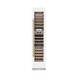 ZLINE Autograph Edition 18 in. 9.0 cu. ft. Triple Zone 68 Bottle Right Hinge Column Wine Cooler in White Matte with Polished Gold Accents (RCWVRZ-WM-18-G)