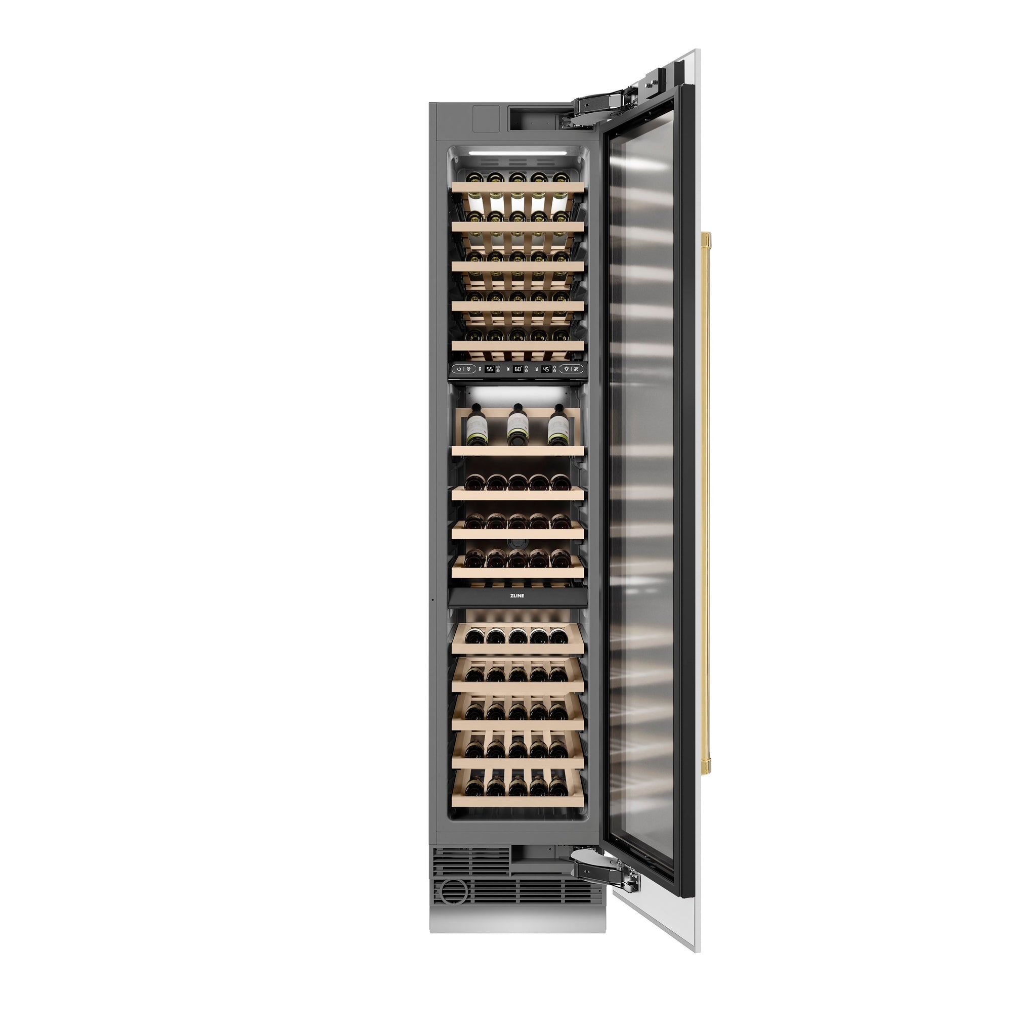ZLINE Autograph Edition 18 in. 9.0 cu. ft. Triple Zone 68 Bottle Right Hinge Column Wine Cooler in White Matte with Polished Gold Accents (RCWVRZ-WM-18-G)