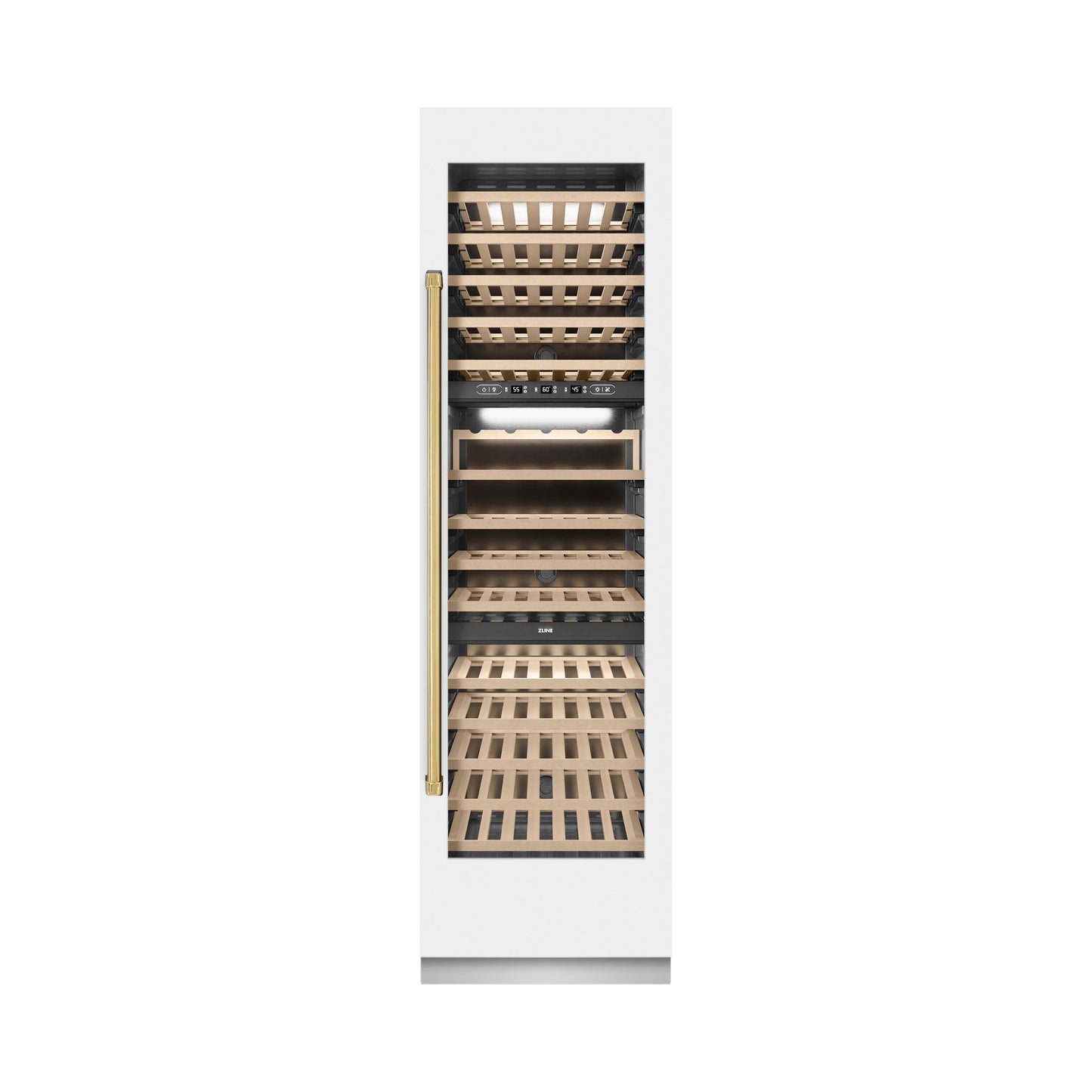 ZLINE Autograph Edition 24 in. 12.4 cu. ft. Triple Zone 100 Bottle Column Wine Cooler in White Matte and Polished Gold Accents (RCWVZ-WM-24-G)