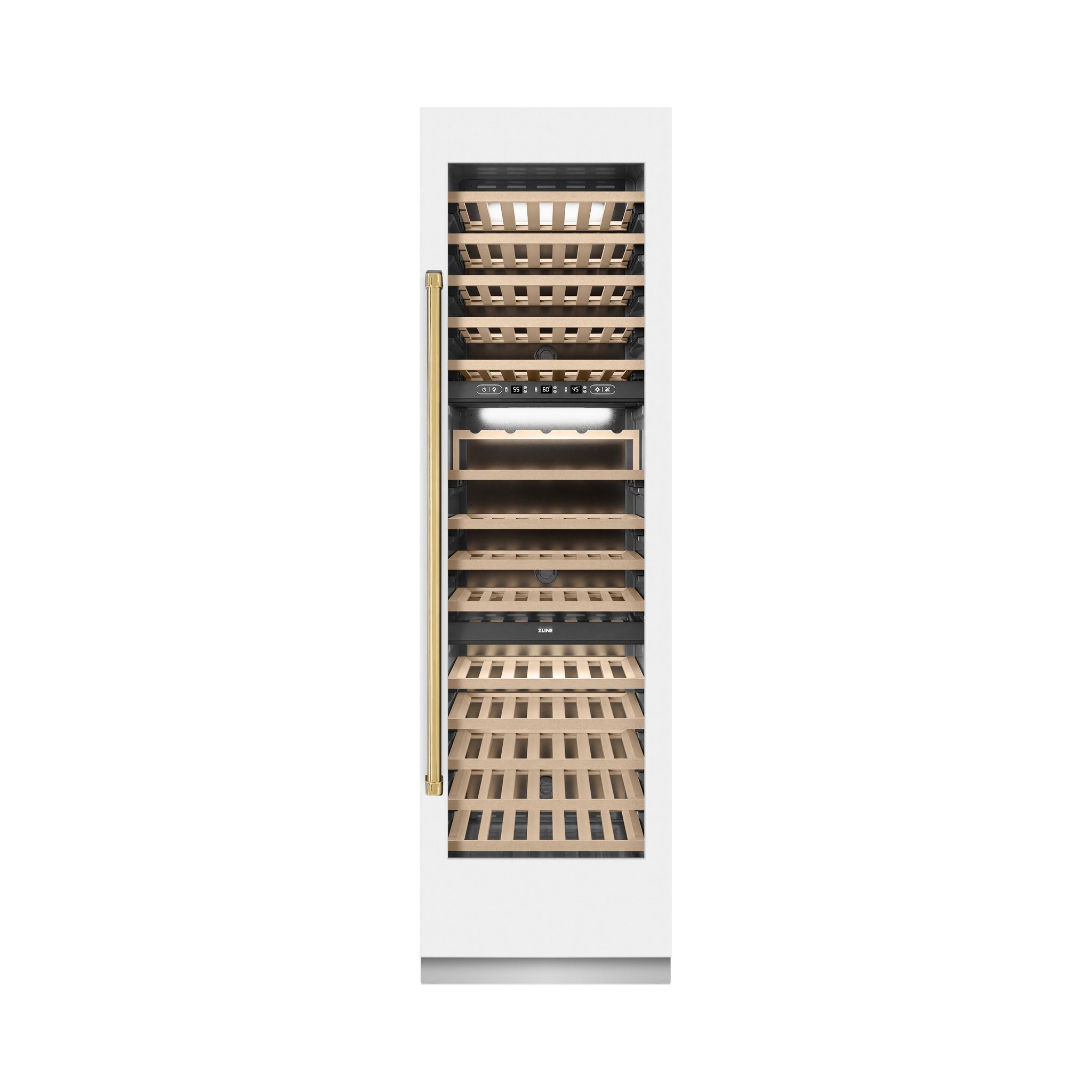 ZLINE Autograph Edition 24 in. 12.4 cu. ft. Triple Zone 100 Bottle Column Wine Cooler in White Matte and Polished Gold Accents (RCWVZ-WM-24-G)