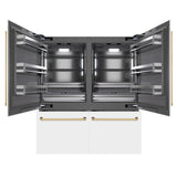 ZLINE Autograph Edition 72 in. 39.6 cu. ft. French Door Built-In Bottom Freezer Refrigerator with Water Dispensers and Ice Makers in White Matte with Graphite Gray Interior and Polished Gold Accents (GRBITZ-WM-72-G)