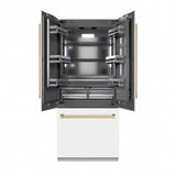 ZLINE Autograph Edition 36 in. 19.6 cu. ft. French Door Built-In Bottom Freezer Refrigerator with Water Dispenser and Ice Maker in White Matte with Graphite Gray Interior and Champagne Bronze Accents (GRBIVZ-WM-36-CB)