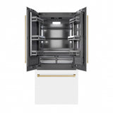 ZLINE Autograph Edition 36 in. 19.6 cu. ft. French Door Built-In Bottom Freezer Refrigerator with Water Dispenser and Ice Maker in White Matte with Graphite Gray Interior and Champagne Bronze Accents (GRBIVZ-WM-36-CB)