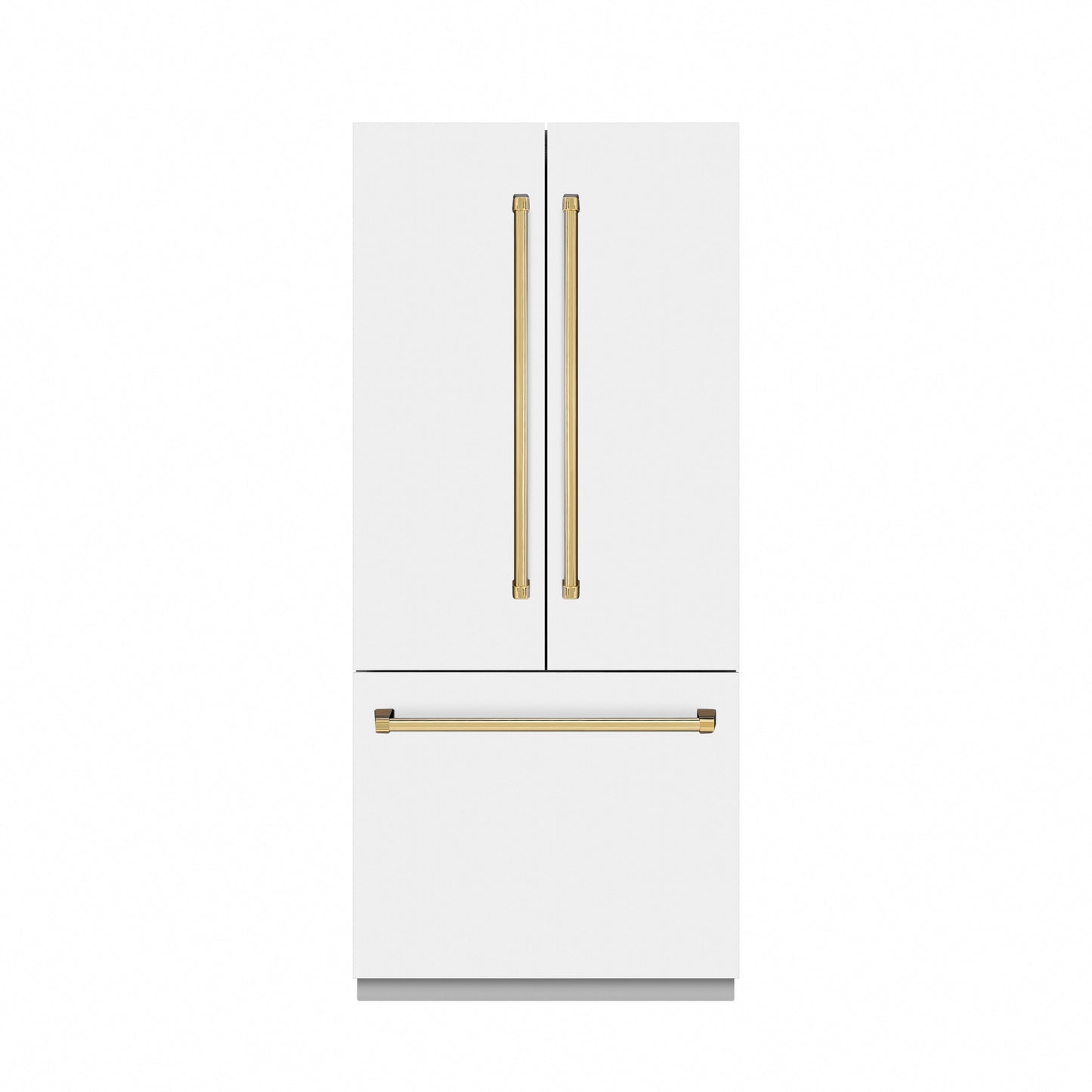 ZLINE Autograph Edition 36 in. 19.6 cu. ft. French Door Built-In Bottom Freezer Refrigerator with Water Dispenser and Ice Maker in White Matte with Graphite Gray Interior and Polished Gold Accents (GRBIVZ-WM-36-G)