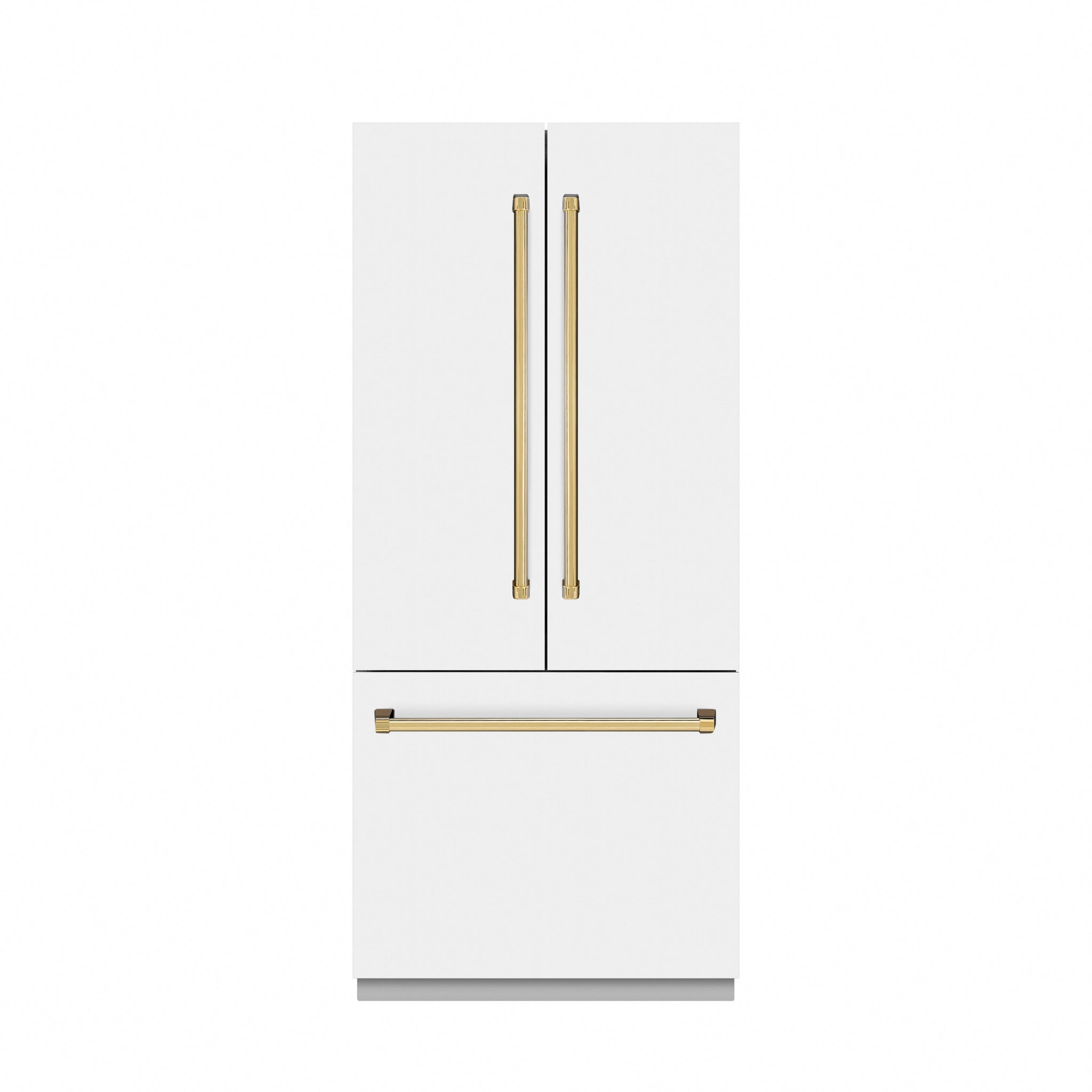 ZLINE Autograph Edition 36 in. 19.6 cu. ft. French Door Built-In Bottom Freezer Refrigerator with Water Dispenser and Ice Maker in White Matte with Graphite Gray Interior and Polished Gold Accents (GRBIVZ-WM-36-G)
