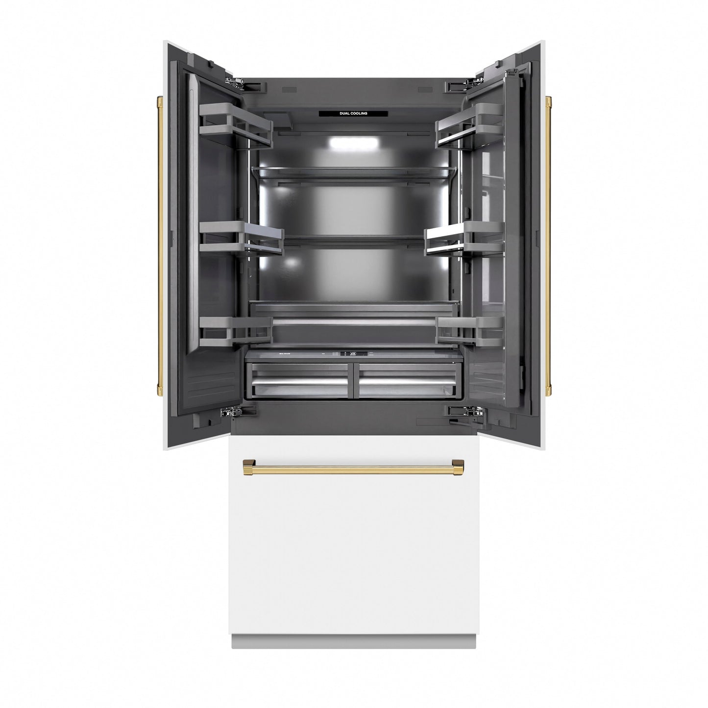 ZLINE Autograph Edition 36 in. 19.6 cu. ft. French Door Built-In Bottom Freezer Refrigerator with Water Dispenser and Ice Maker in White Matte with Graphite Gray Interior and Polished Gold Accents (GRBIVZ-WM-36-G)