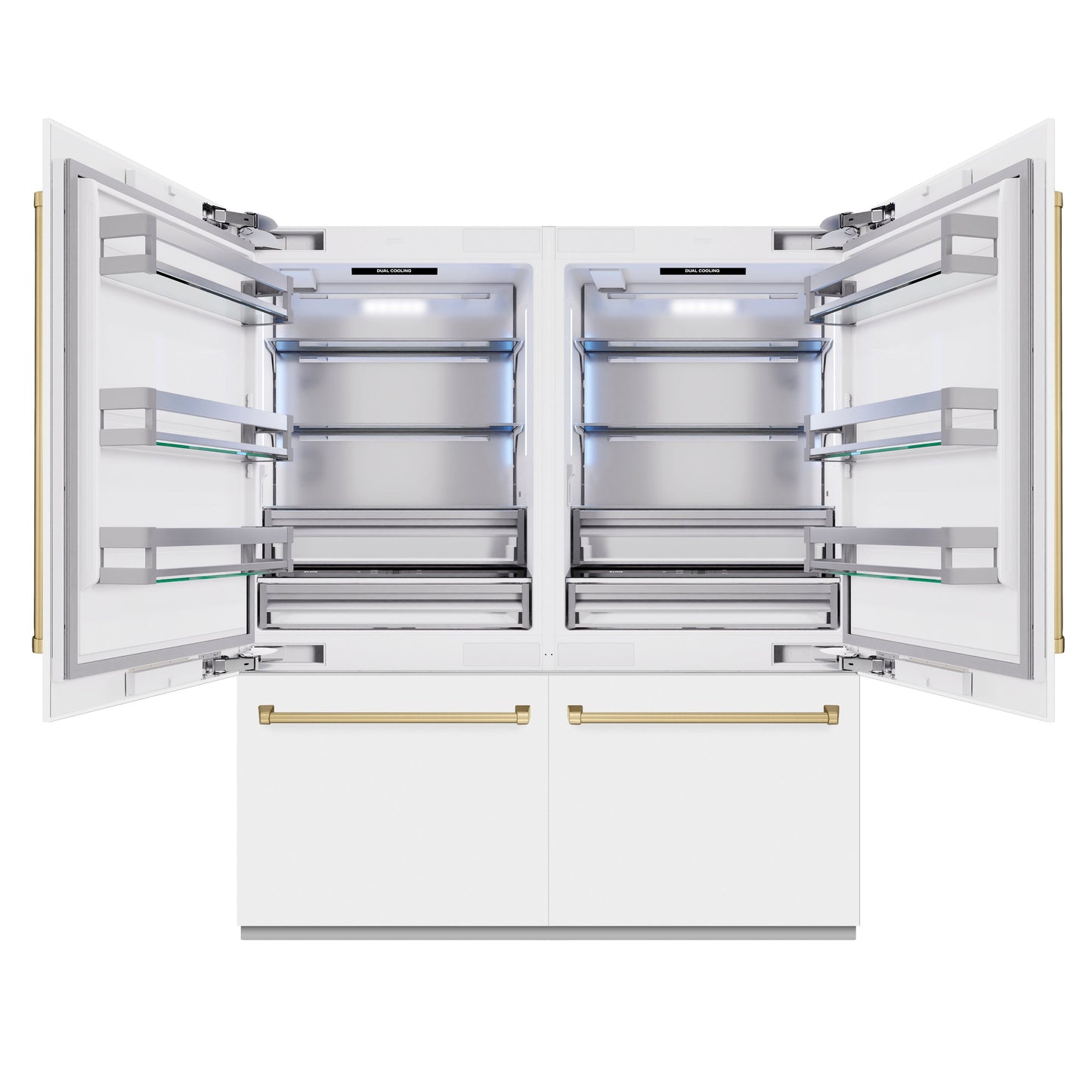 ZLINE Autograph Edition 72 in. 39.6 cu. ft. French Door Built-In Bottom Freezer Refrigerator with Water Dispensers and Ice Makers in White Matte and Champagne Bronze Accents (RBITZ-WM-72-CB)