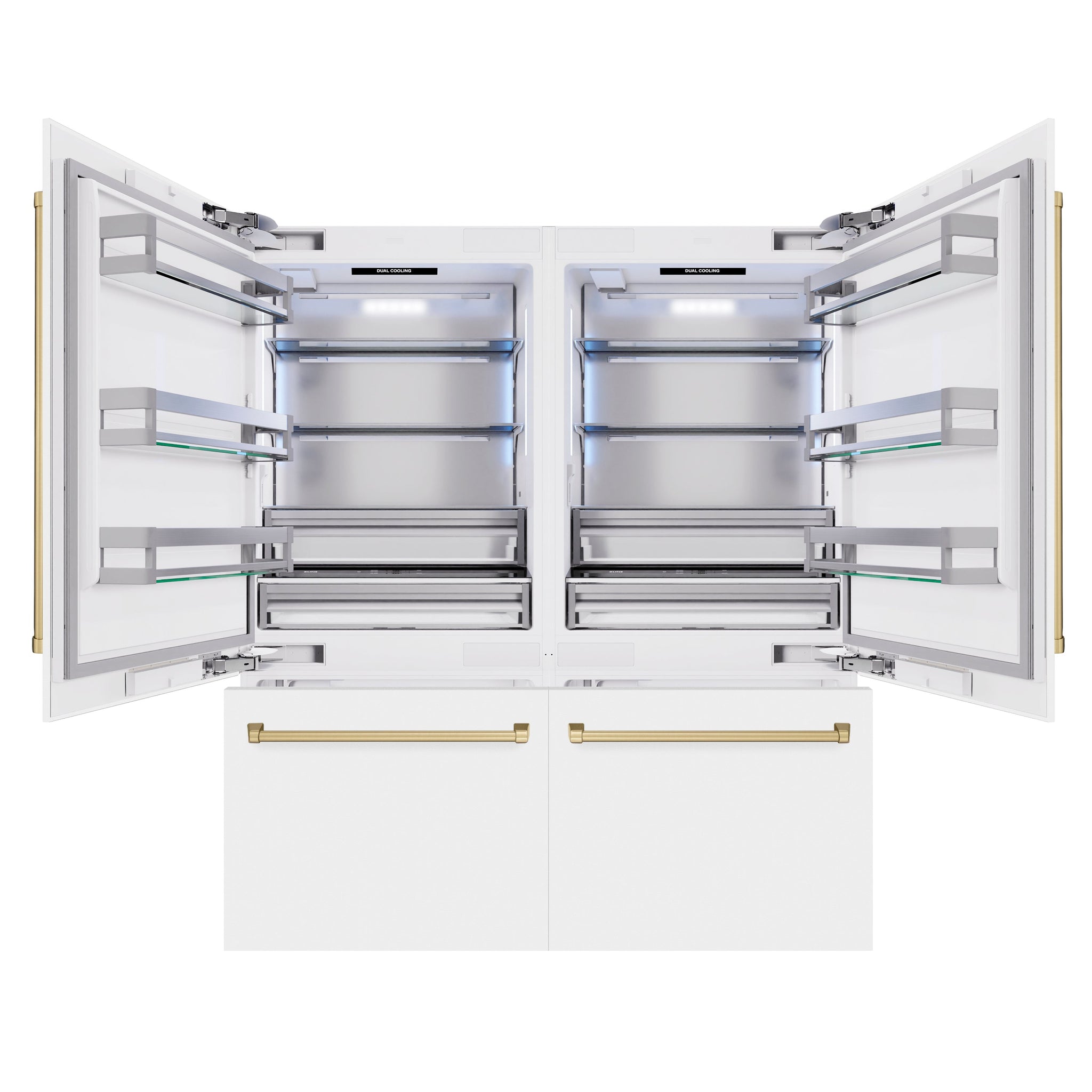 ZLINE Autograph Edition 72 in. 39.6 cu. ft. French Door Built-In Bottom Freezer Refrigerator with Water Dispensers and Ice Makers in White Matte and Champagne Bronze Accents (RBITZ-WM-72-CB)