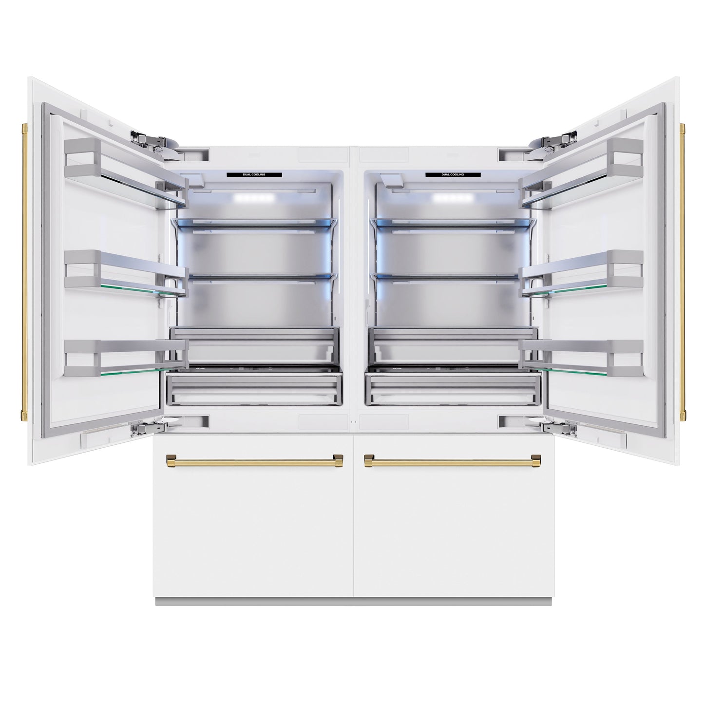 ZLINE Autograph Edition 72 in. 39.6 cu. ft. French Door Built-In Bottom Freezer Refrigerator with Water Dispensers and Ice Makers in White Matte and Polished Gold Accents (RBITZ-WM-72-G)